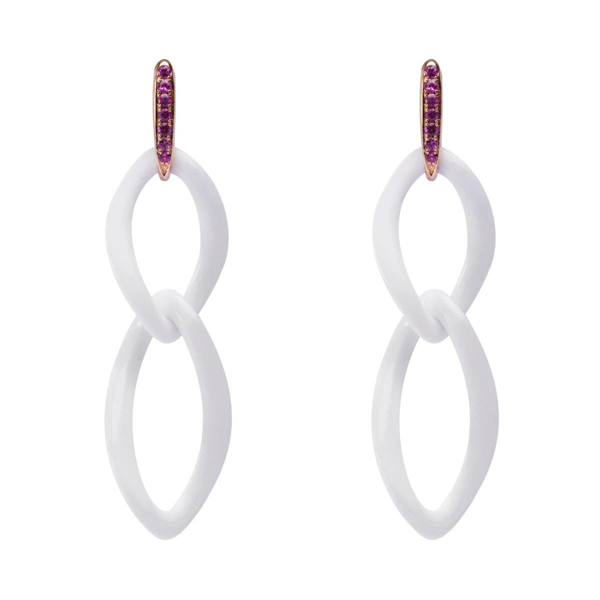 Alex Jona White Agate & Pink Sapphire 18 Karat Rose Gold Pendant Earrings For Sale