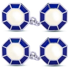 Alex Jona White & Blue Enamel Sterling Silver Octagonal Cufflinks