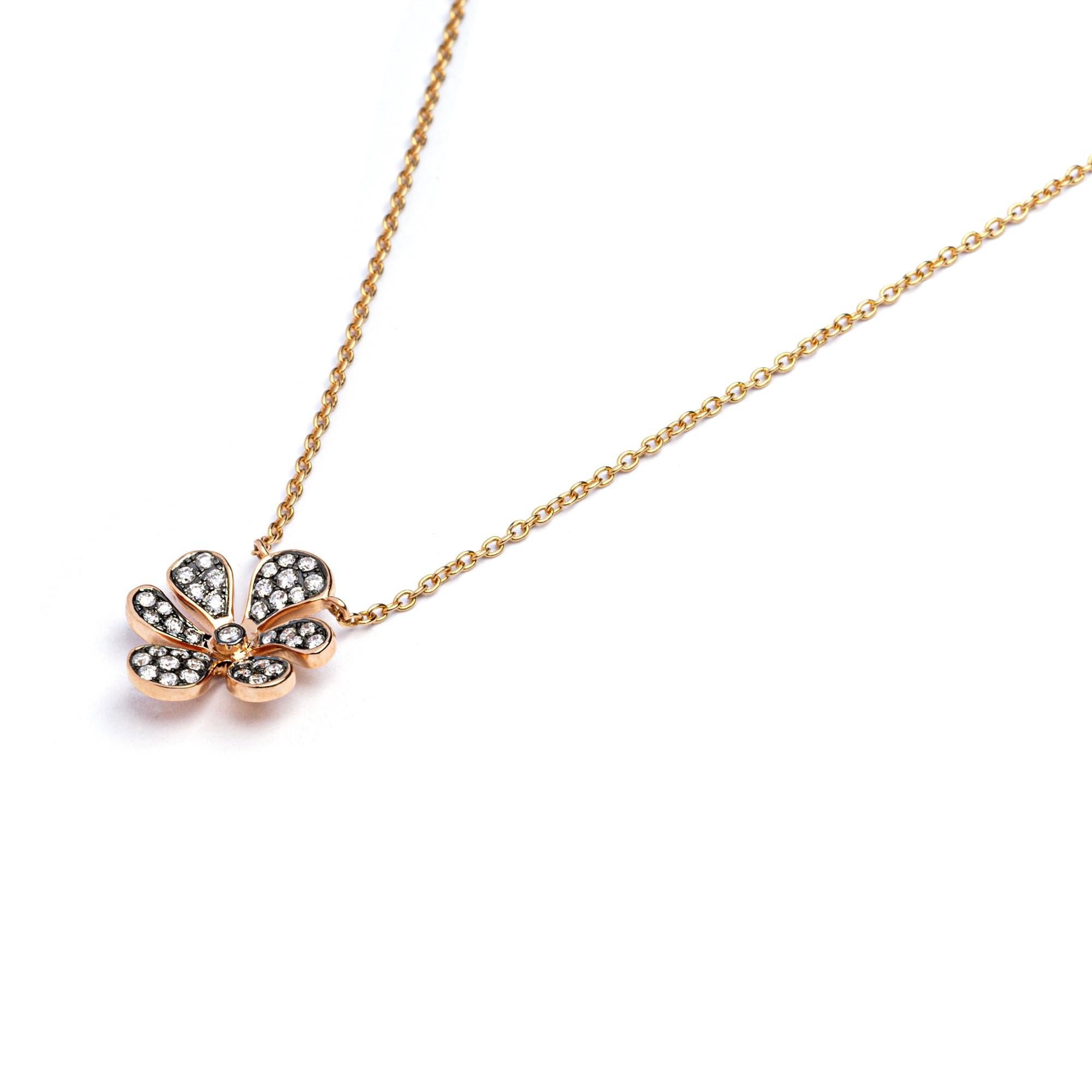Round Cut Alex Jona White Diamond 18 Karat Rose Gold Flower Pendant Necklace For Sale