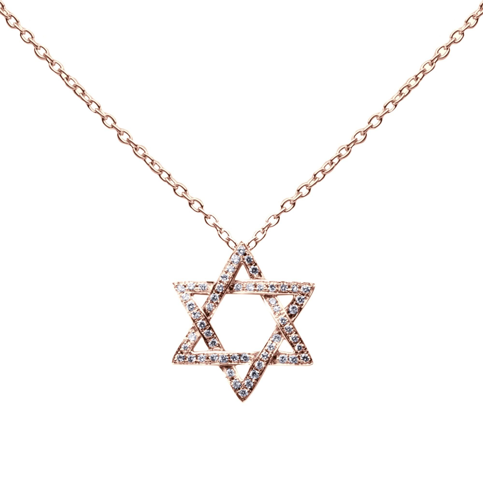 Round Cut Alex Jona White Diamond 18 Karat Rose Gold Magen David Pendant Necklace For Sale