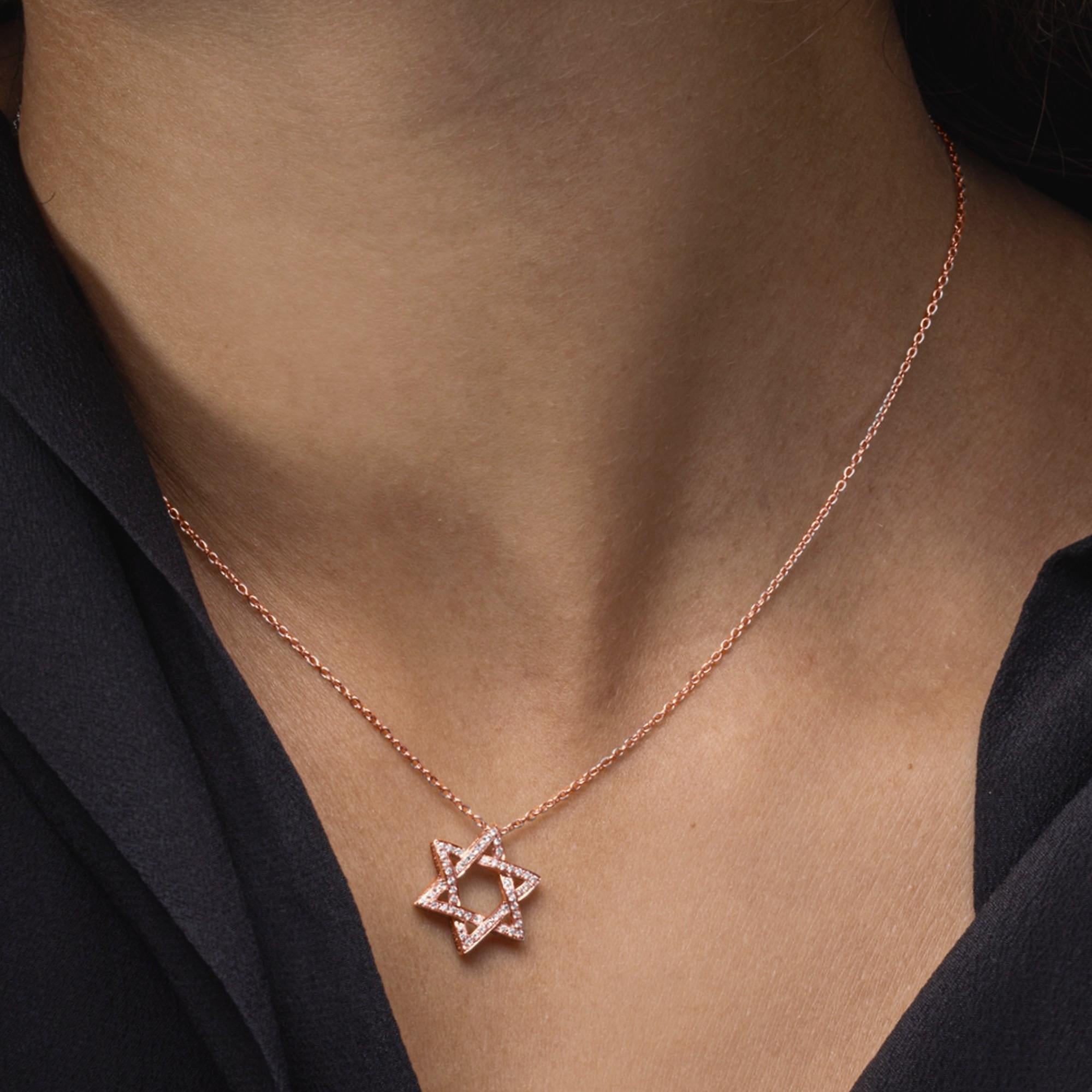 Women's or Men's Alex Jona White Diamond 18 Karat Rose Gold Magen David Pendant Necklace For Sale