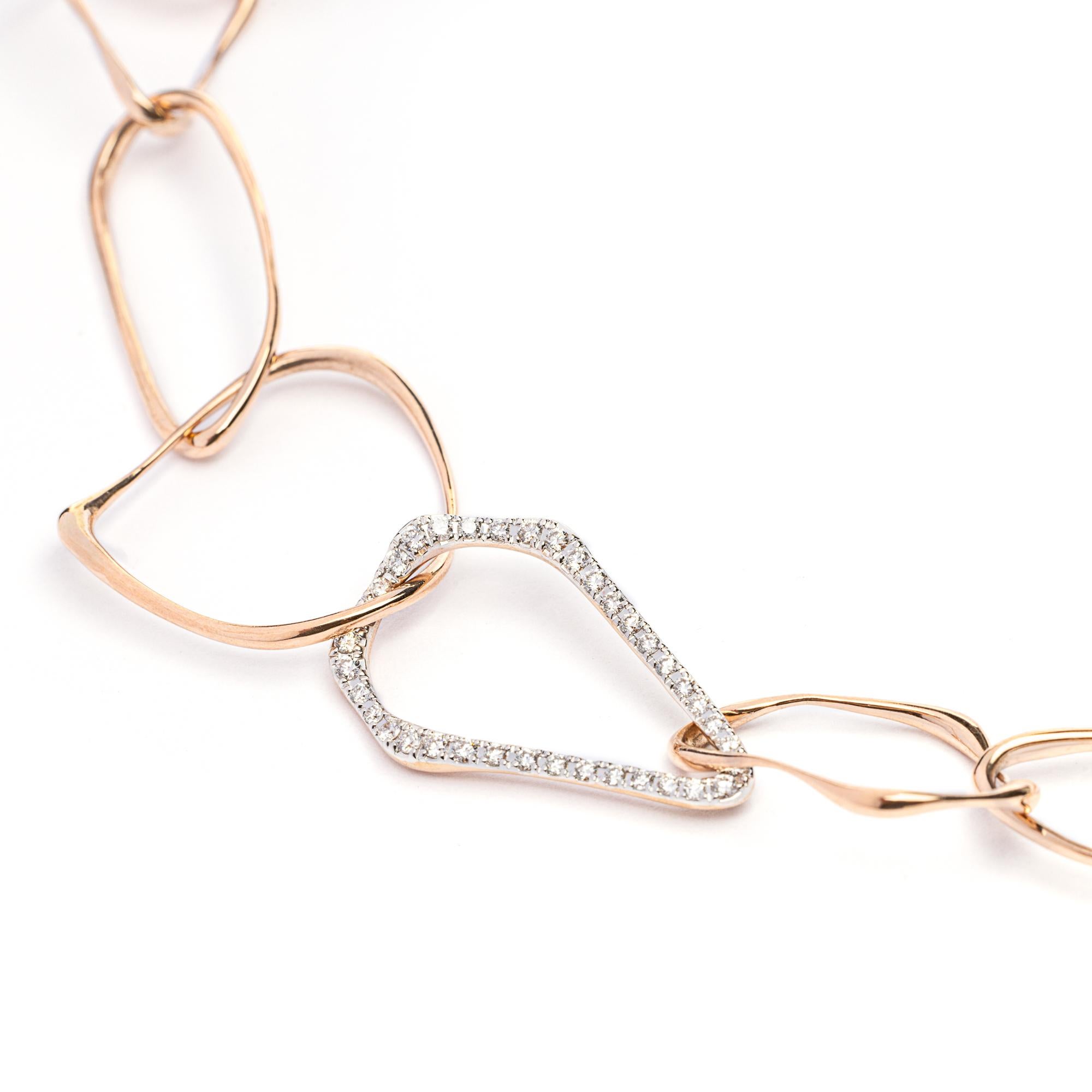 Round Cut Alex Jona White Diamond 18 Karat Rose Gold Organic Shape Link Chain Necklace For Sale