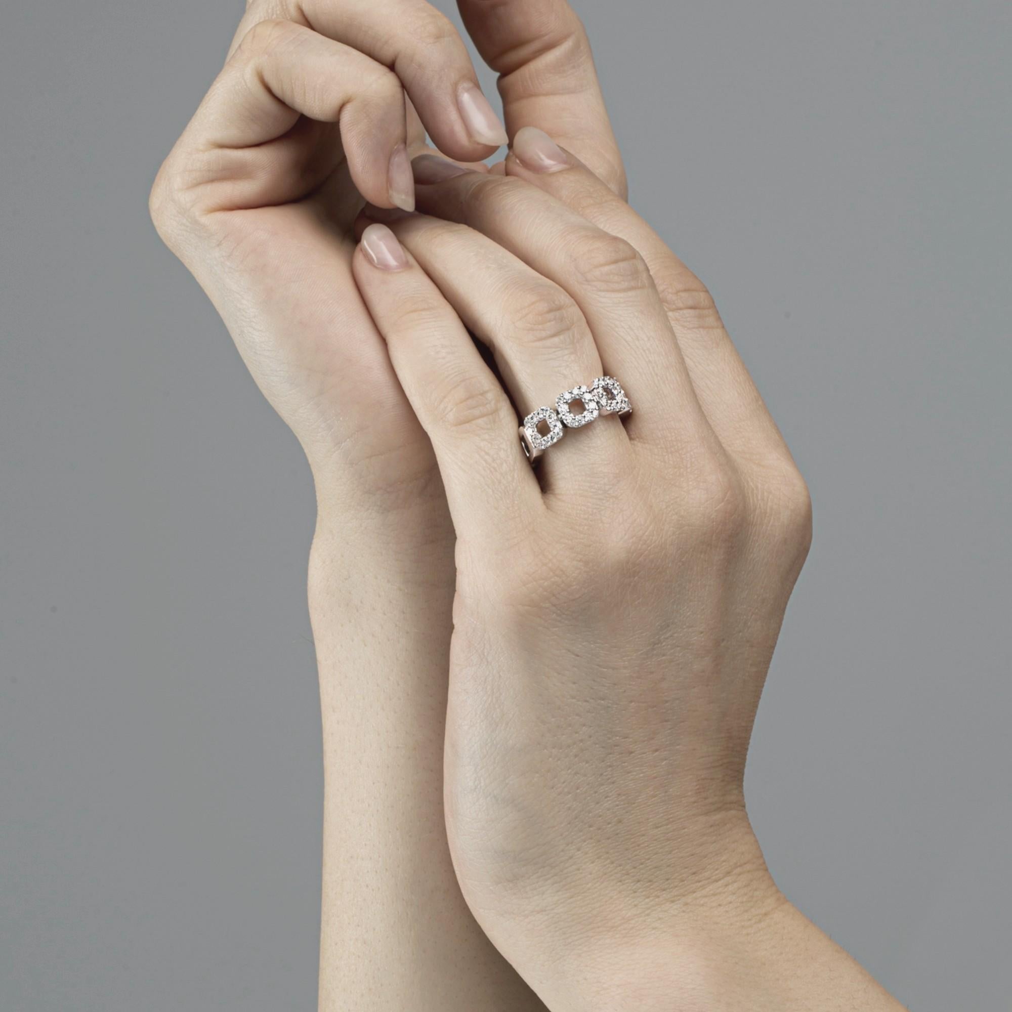 Alex Jona design collection, hand crafted in Italy, 18 karat white gold band ring, set with 0.80 carats of white diamonds, G color, VVS1 clarity. US size 6.75, can be sized to any specification.  
Alex Jona jewels stand out, not only for their