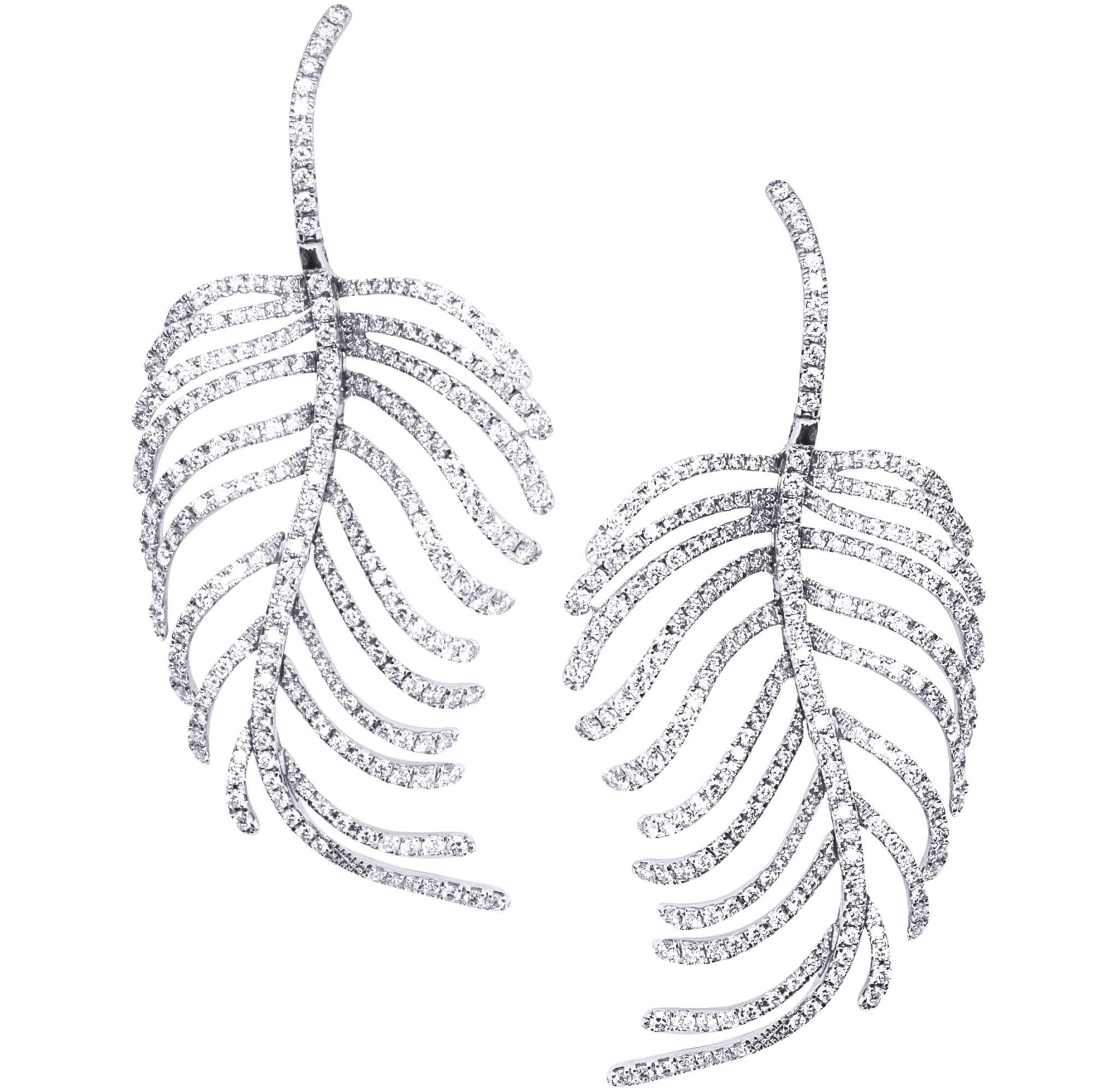 Alex Jona White Diamond 18 Karat White Gold La Plume Feather Dangle Earrings For Sale