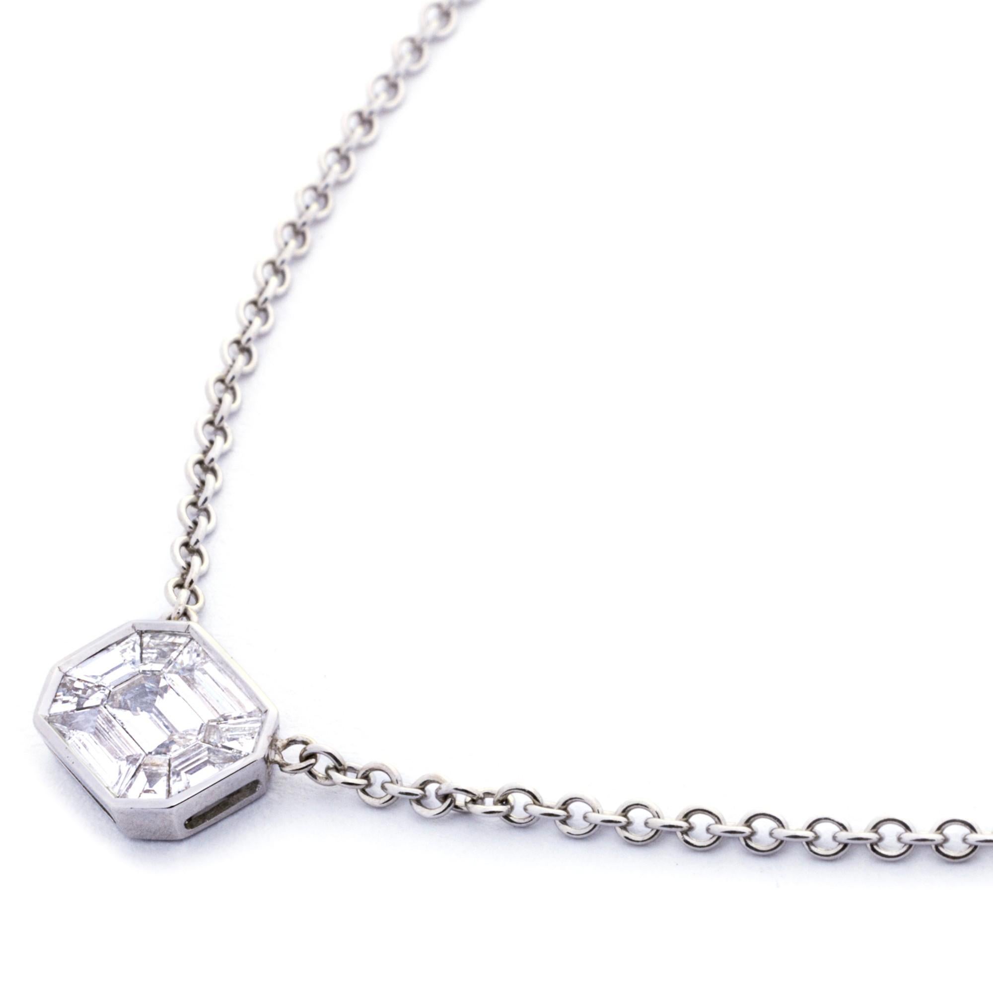 Round Cut White Diamond 18 Karat White Gold Octagonal Pendant Necklace For Sale