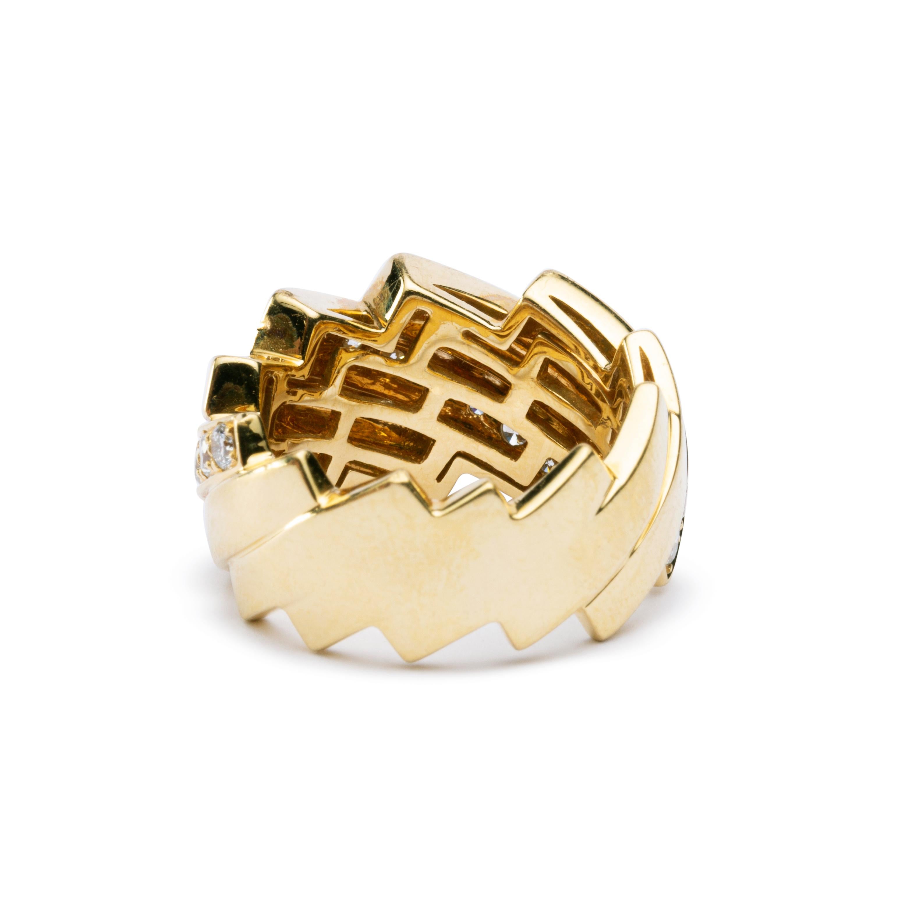 Alex Jona design collection, hand crafted in Italy, 18 karat yellow gold band ring, consisting of a sequence of oblique stripes accented with white diamonds weighing 0.97 carats.  
Size US 6.5, can be sized to any specification.
Alex Jona jewels