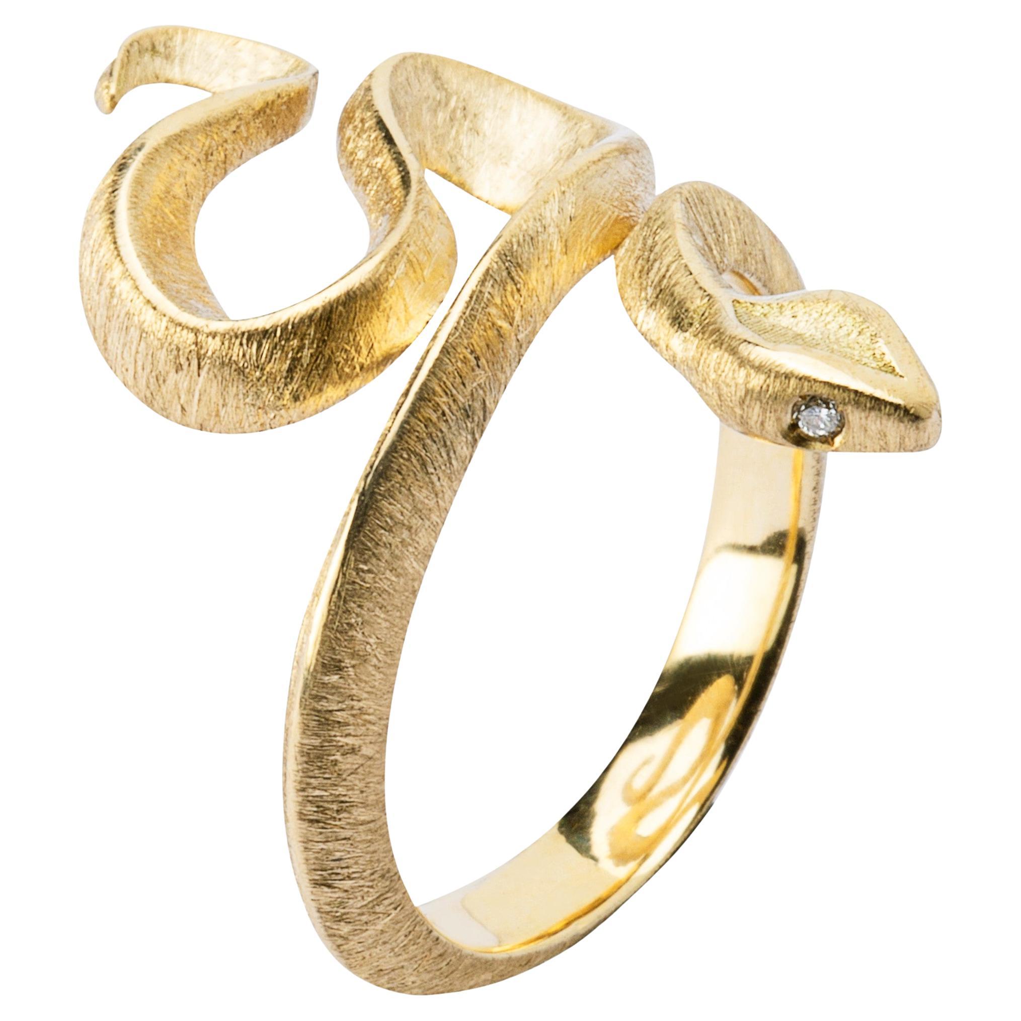 Alex Jona design collection, hand crafted in Italy, 18 Karat brushed yellow gold coil serpent ring. The eyes set with two white diamond eyes, carats 0.02. Ring size US 6- EU 12. Can be sized to any specification.

Alex Jona jewels stand out, not