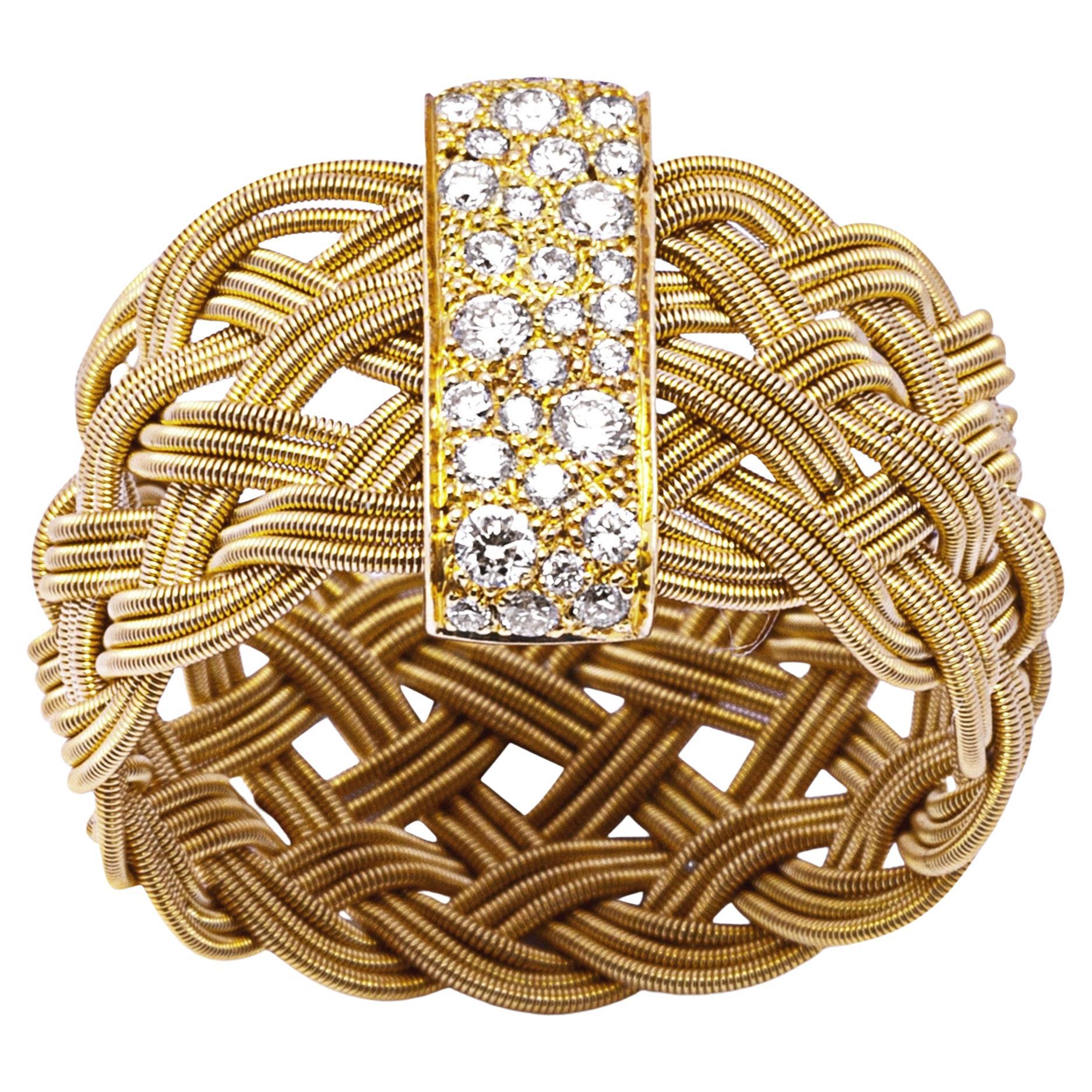 Alex Jona, bague à trois anneaux filigrane en or jaune 18 carats et diamants blancs Unisexe en vente