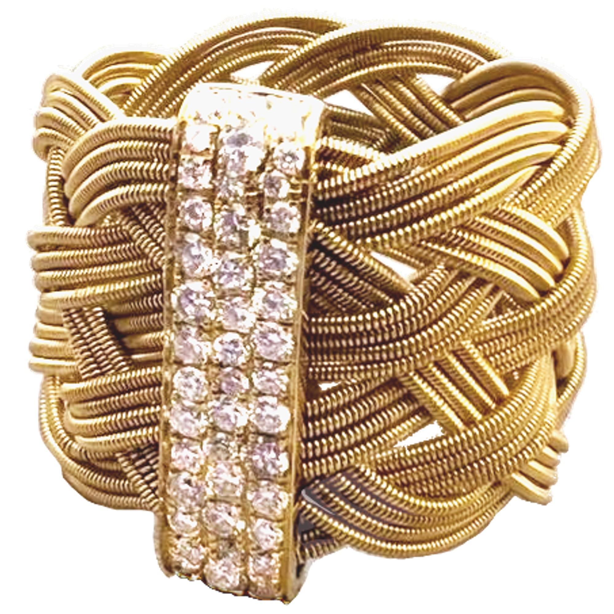 Alex Jona, bague à trois anneaux filigranes en or jaune 18 carats et diamants blancs Unisexe en vente