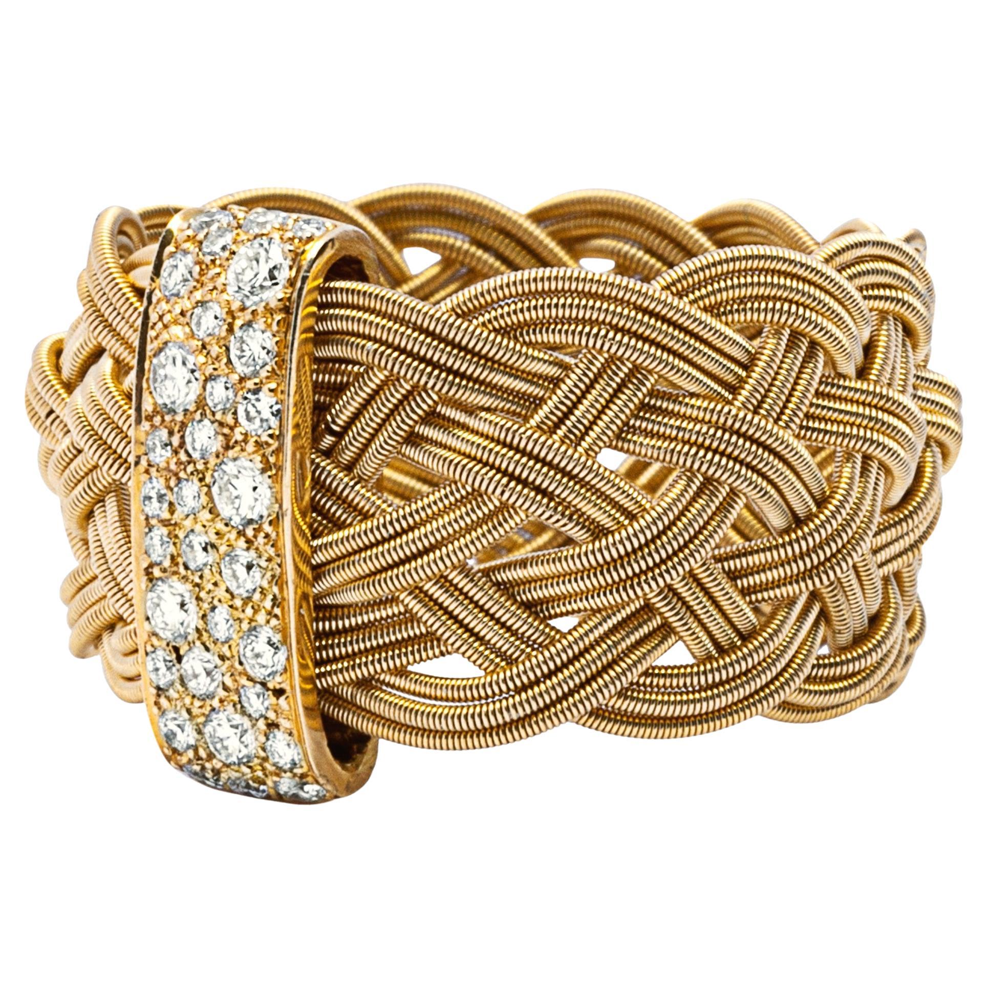 Filigraner Tress-Ringband von Alex Jona, Weißer Diamant 18 Karat Gelbgold
