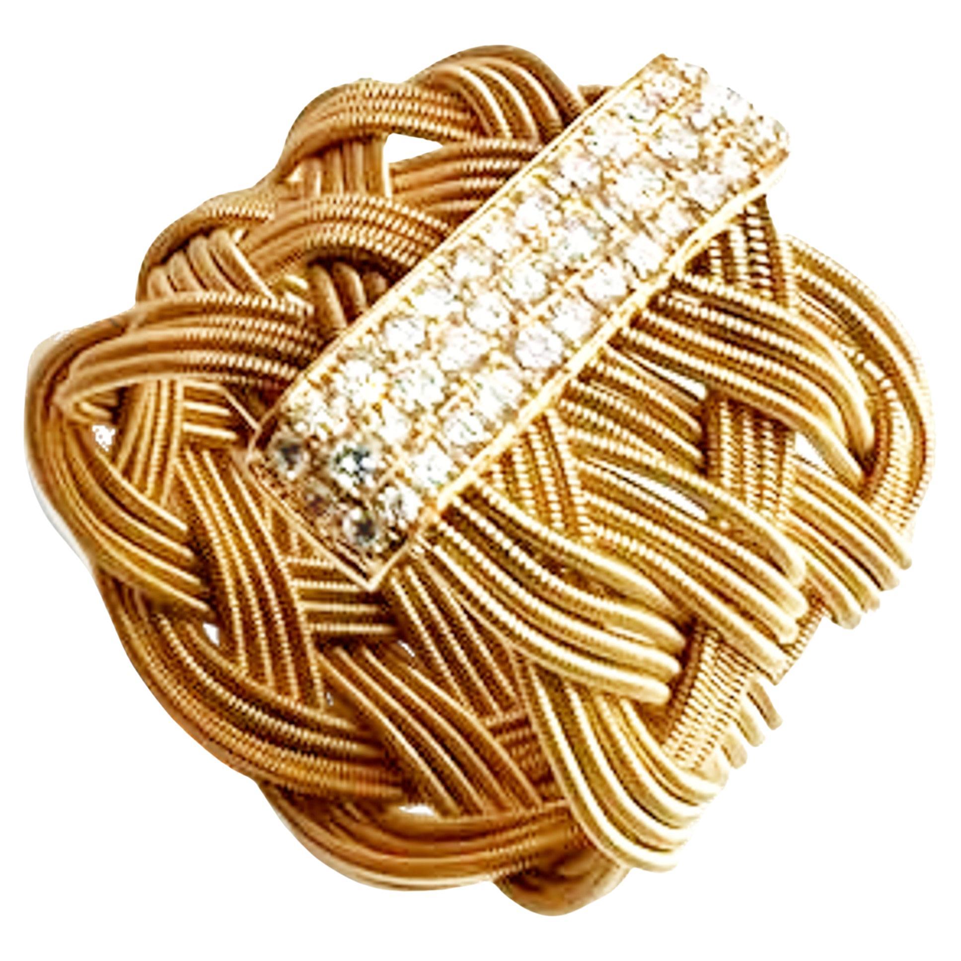 Filigraner Tress-Ringband mit weißem Diamanten aus 18 Karat Gelbgold von Jona