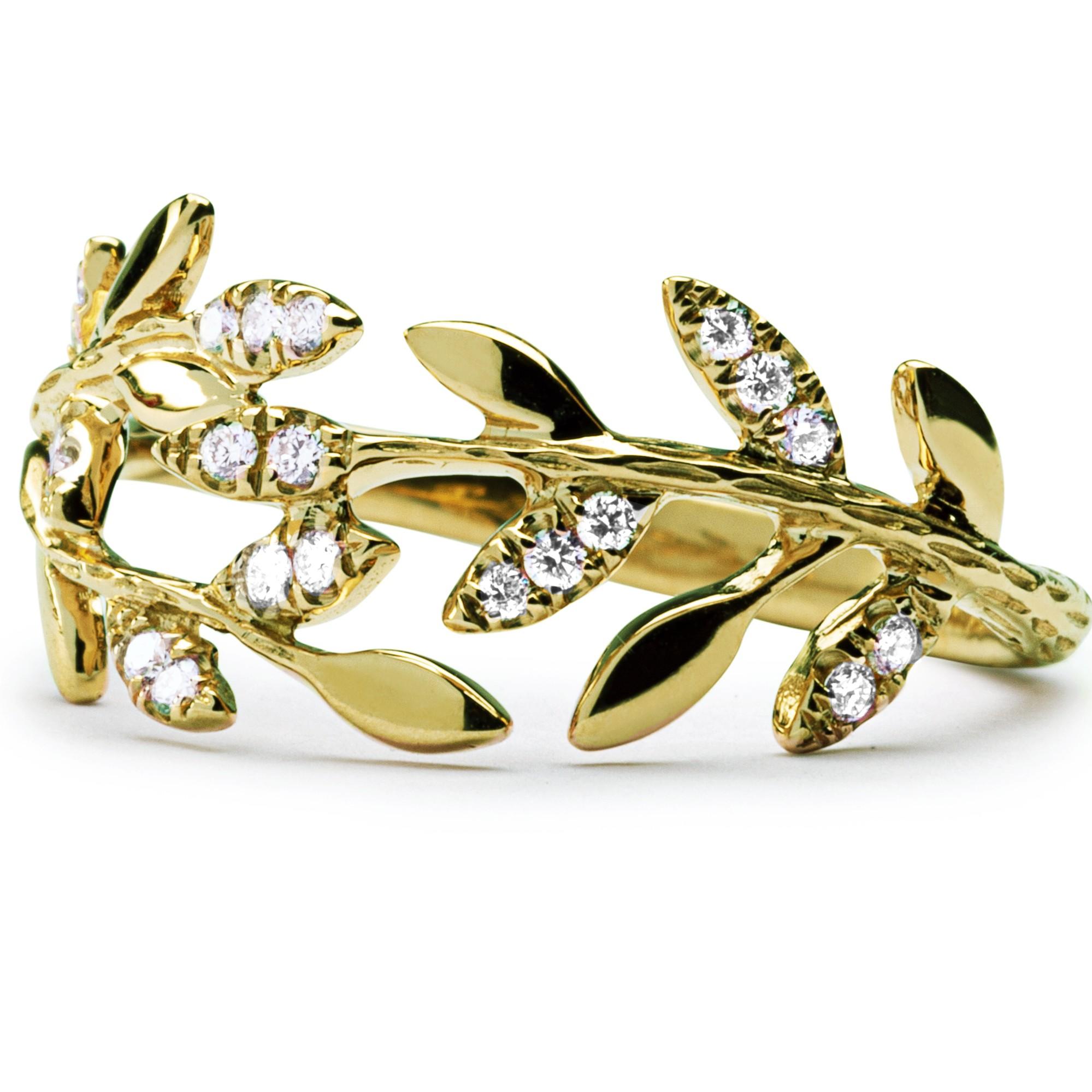 Round Cut Alex Jona White Diamond 18 Karat Yellow Gold Foliage Ring For Sale
