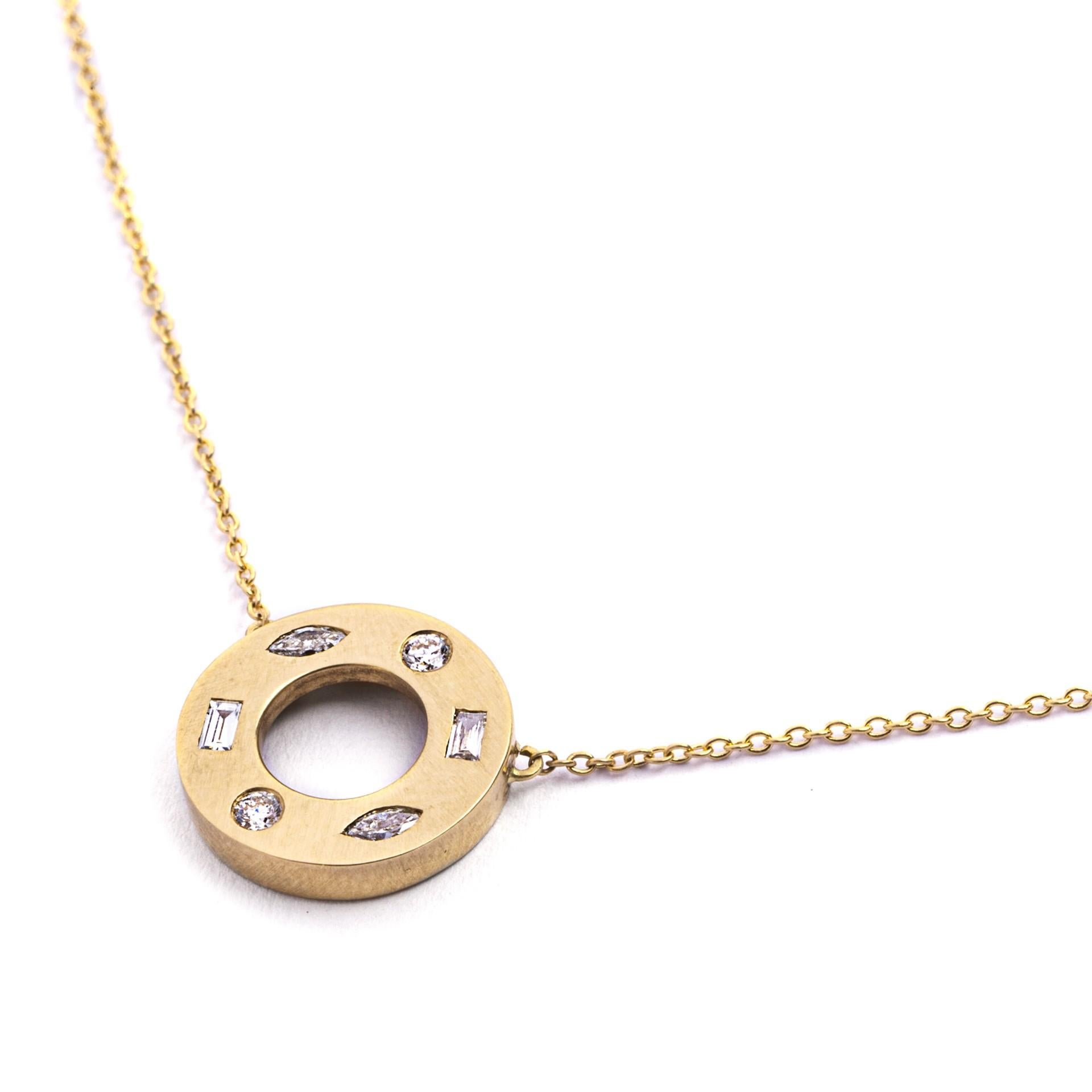 Round Cut Alex Jona White Diamond 18 Karat Yellow Gold Hoop Pendant Necklace For Sale
