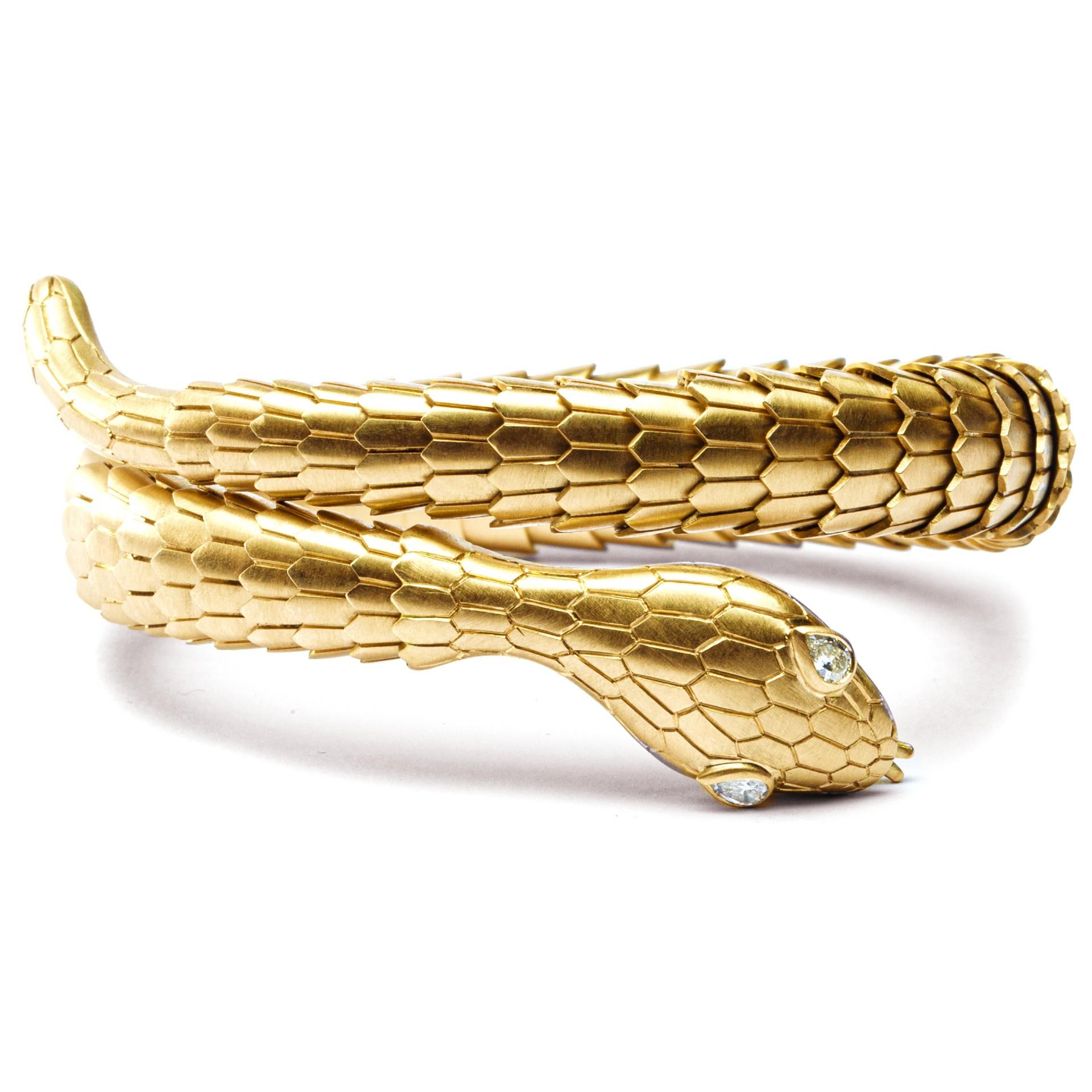 Contemporary Alex Jona White Diamond 18 Karat Yellow Gold Snake Coil Bracelet For Sale