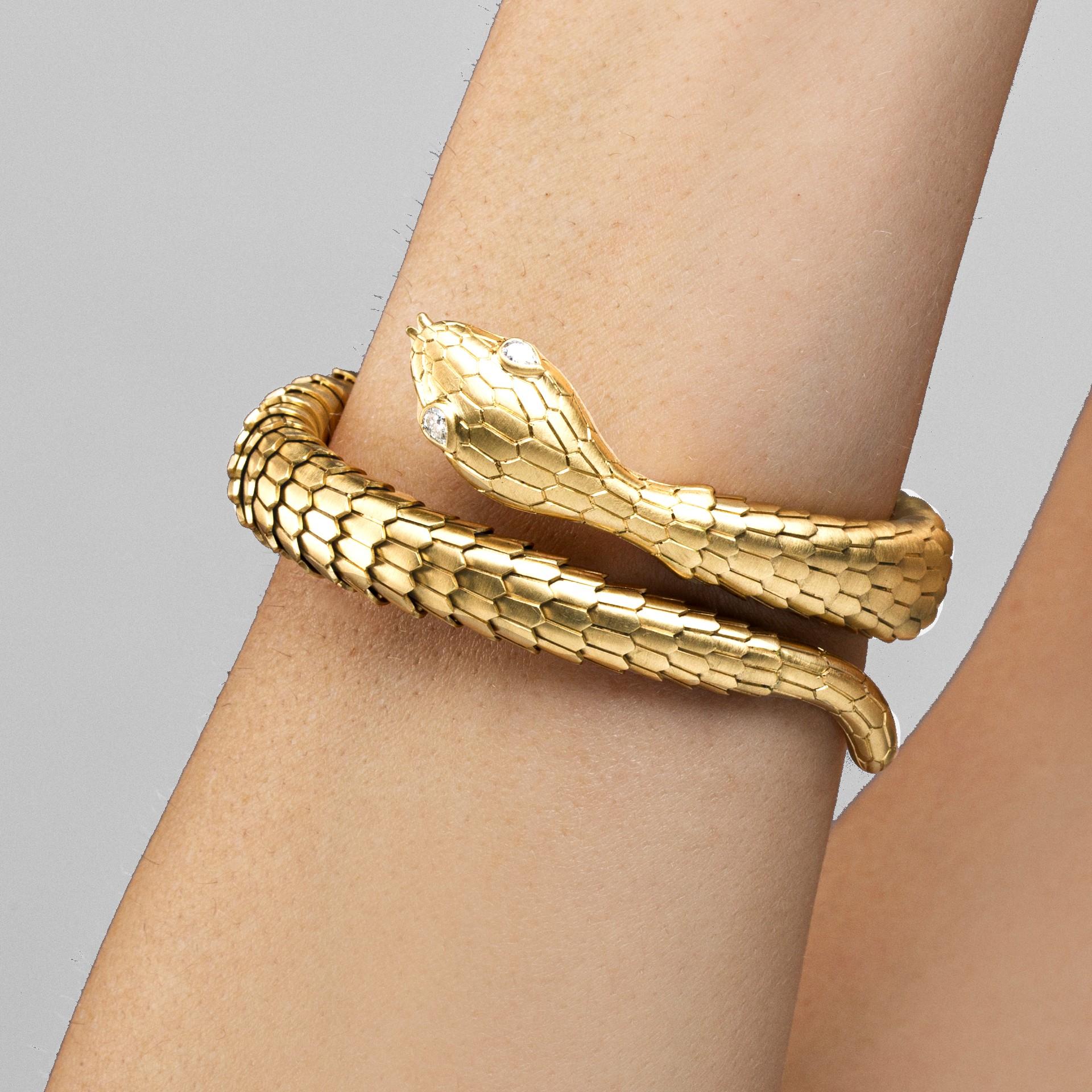 Women's Alex Jona White Diamond 18 Karat Yellow Gold Snake Coil Bracelet For Sale