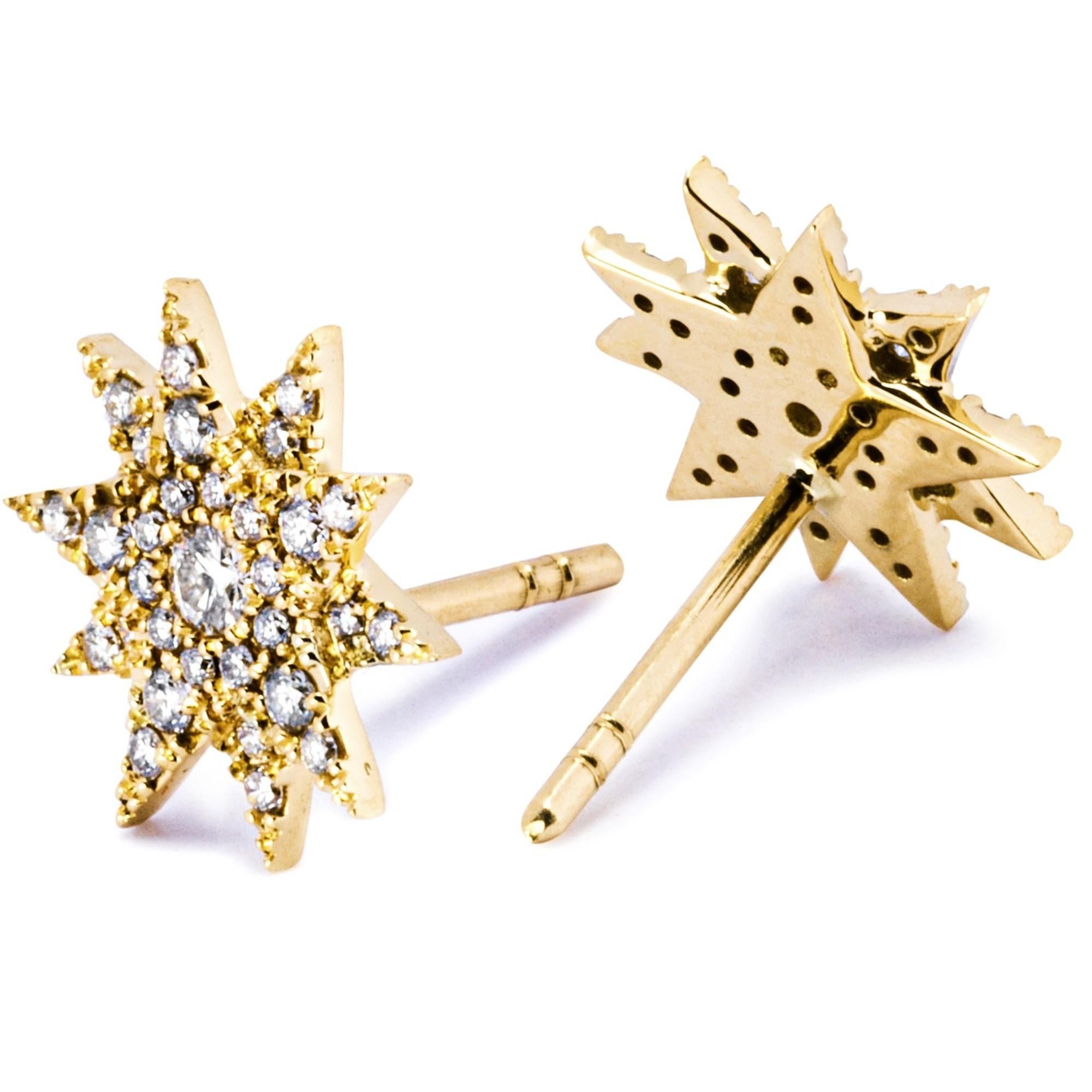 Alex Jona Weiße Diamant-Ohrringe aus 18 Karat Gelbgold mit Stern (Rundschliff) im Angebot