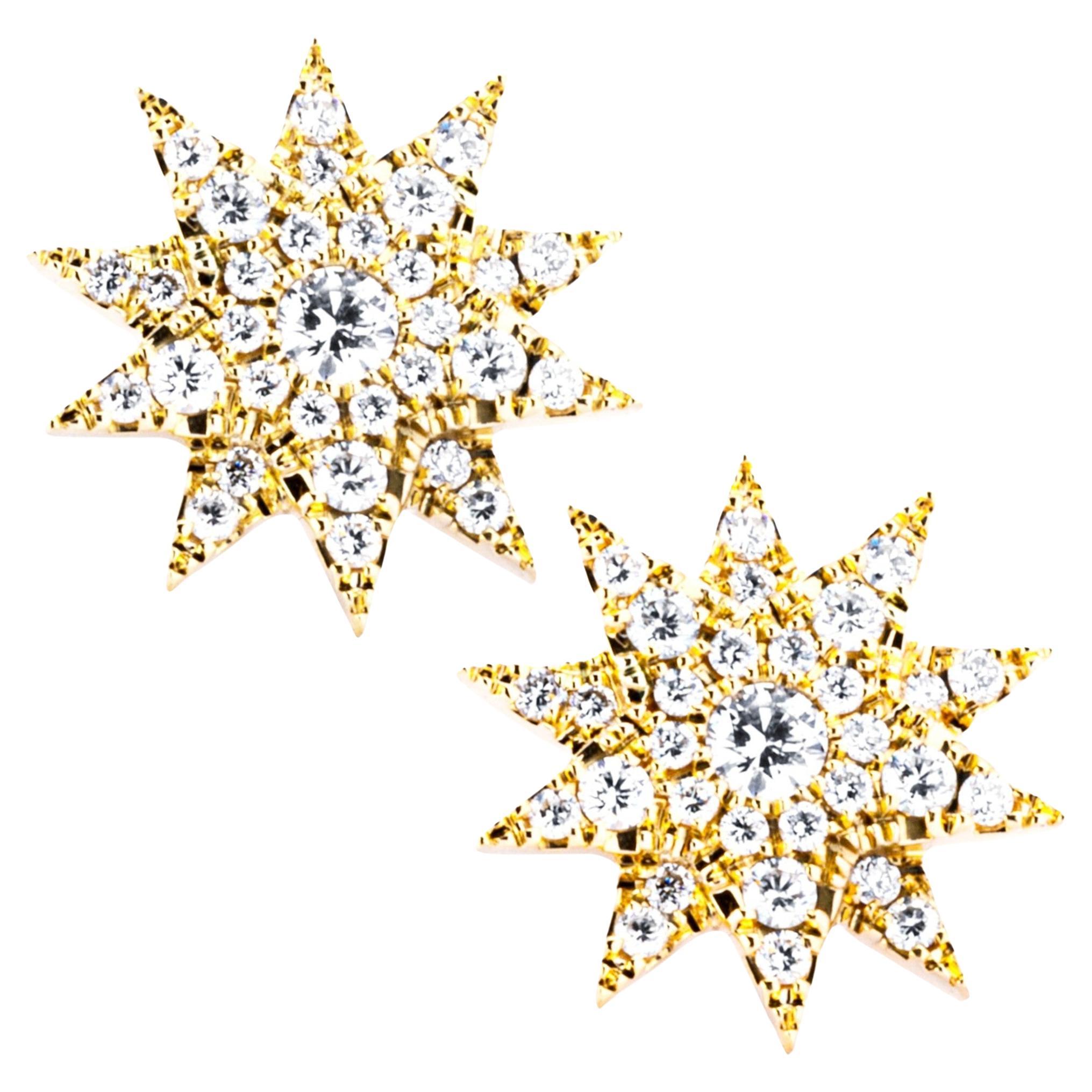 Alex Jona White Diamond 18 Karat Yellow Gold Star Earrings For Sale