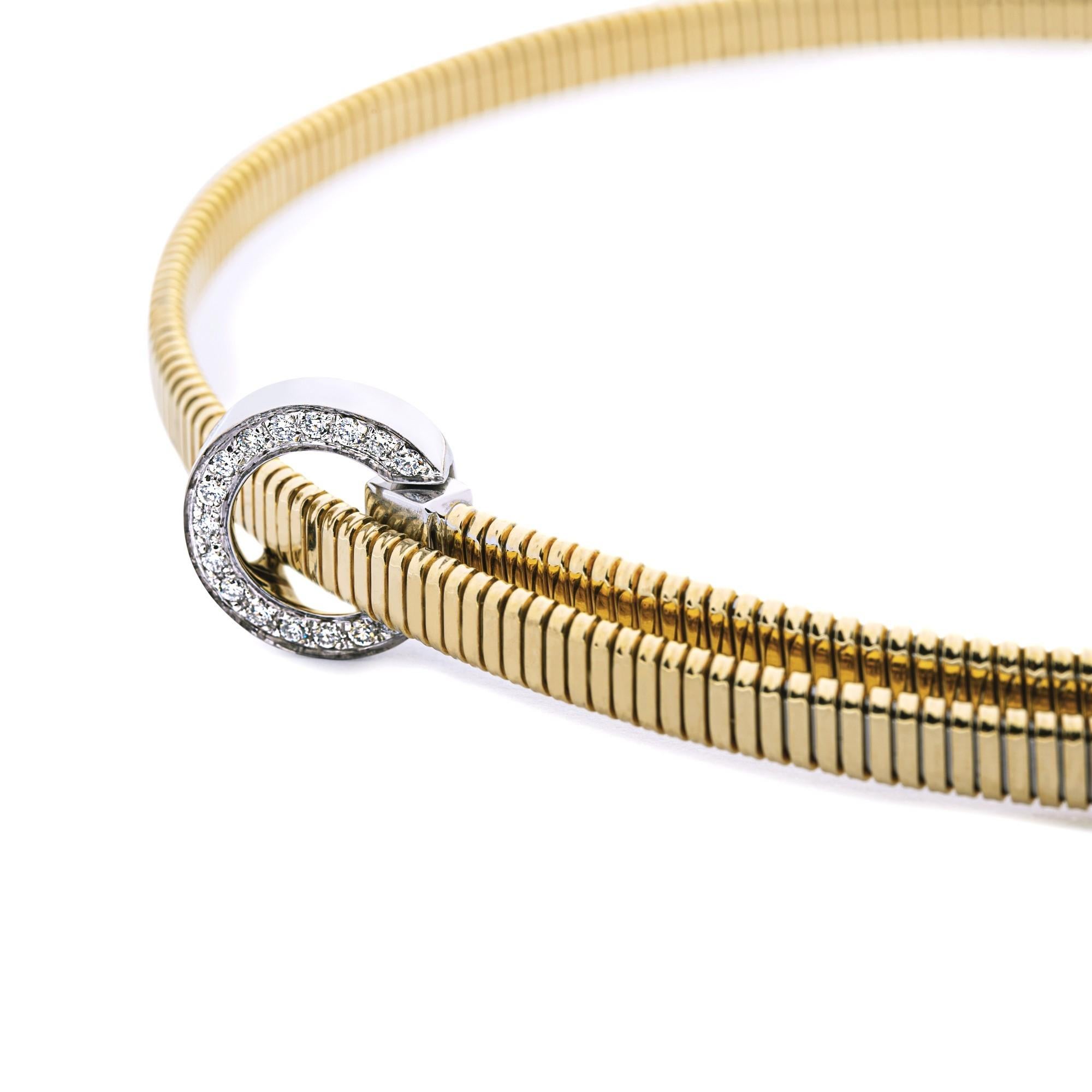 Round Cut Alex Jona White Diamond 18 Karat Yellow Gold Tubogas Belt Choker Necklace For Sale