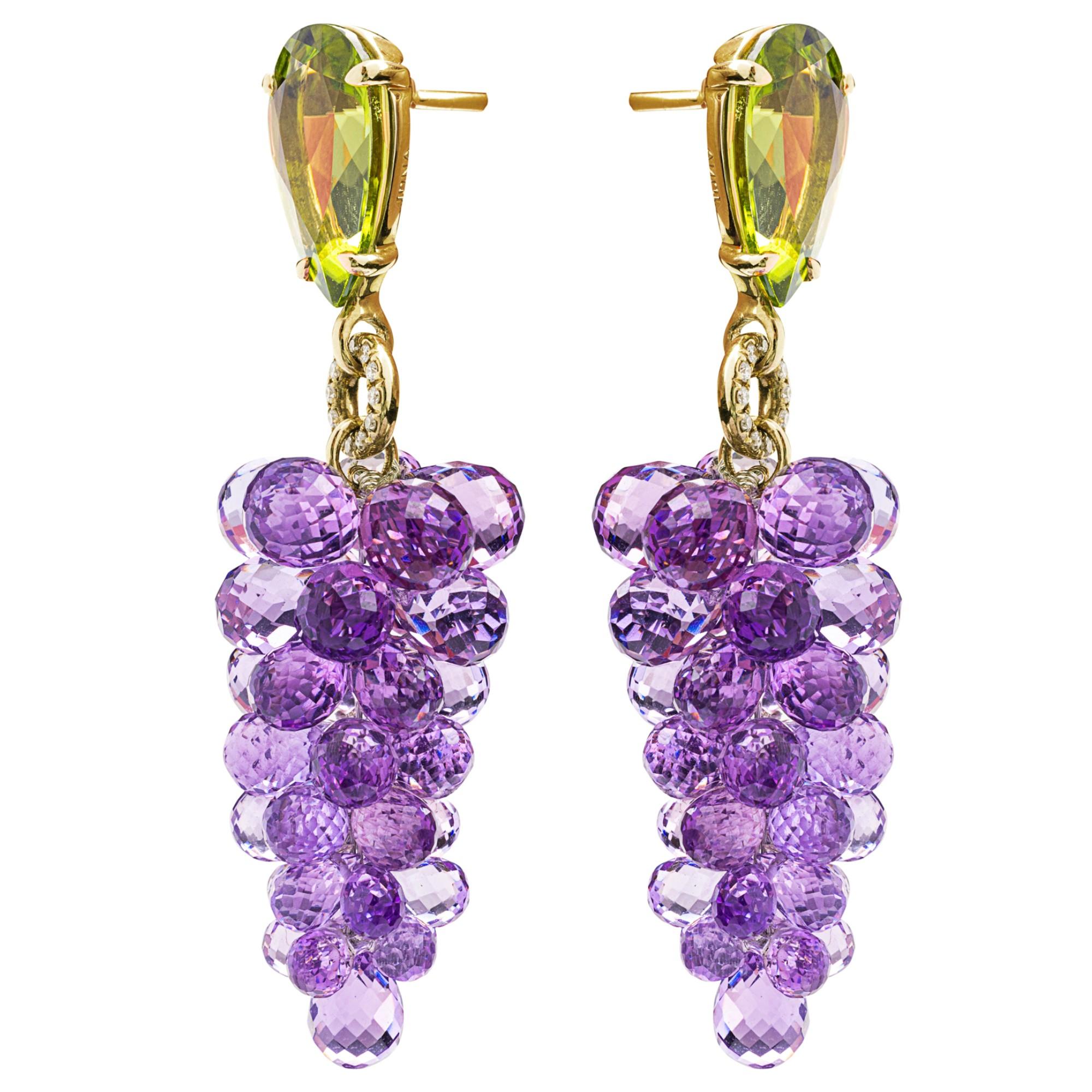 Cabochon Alex Jona White Diamond Amethyst Peridot 18Karat Yellow Gold Pendant Earring For Sale