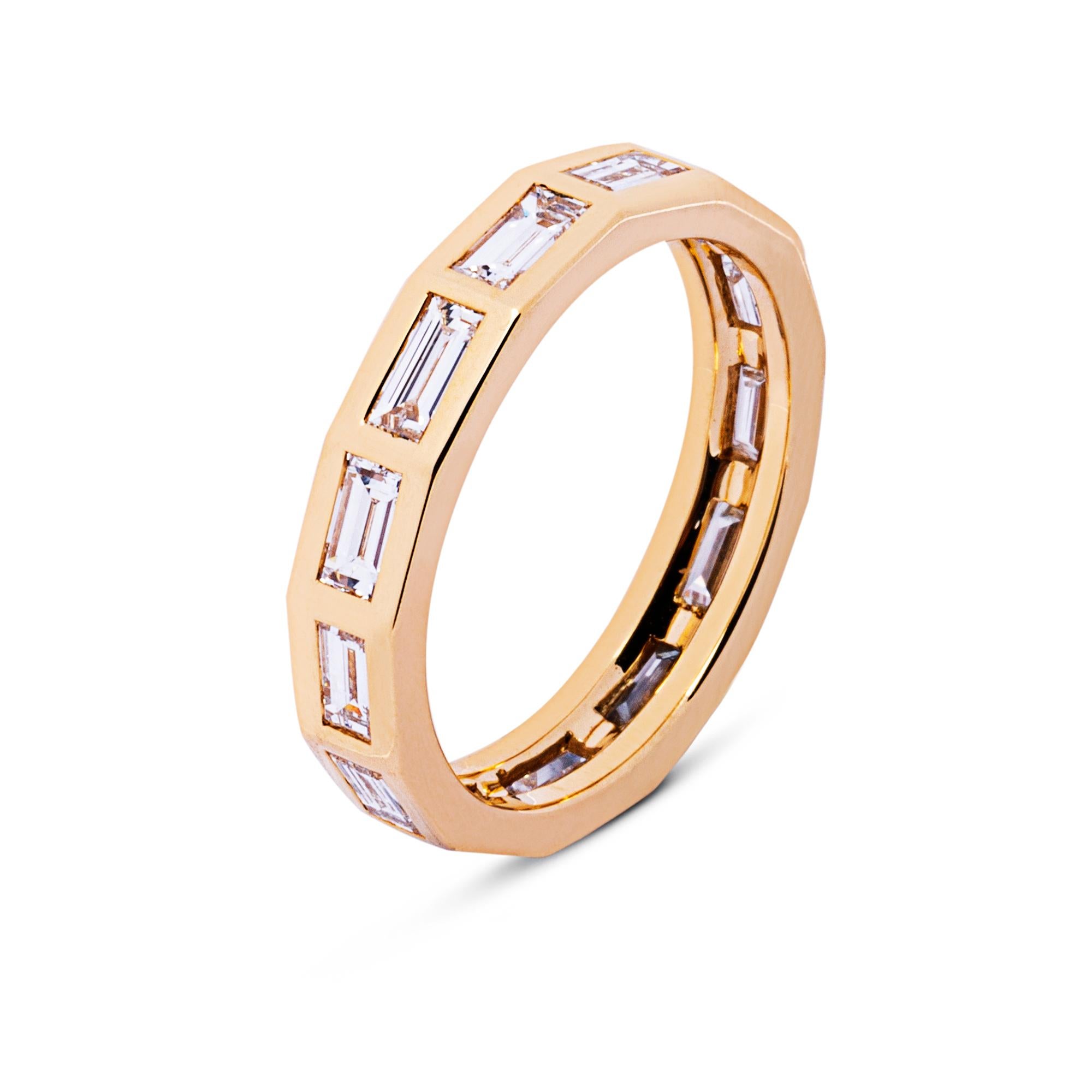 Alex Jona design collection, hand crafted in Italy, 18 karat yellow gold eternity band ring, showcasing 13 baguette cut white diamonds bezel-set weighing 1.80 total carats, E color, VVS1 clarity. Size 6.5, can be made to order in any size.