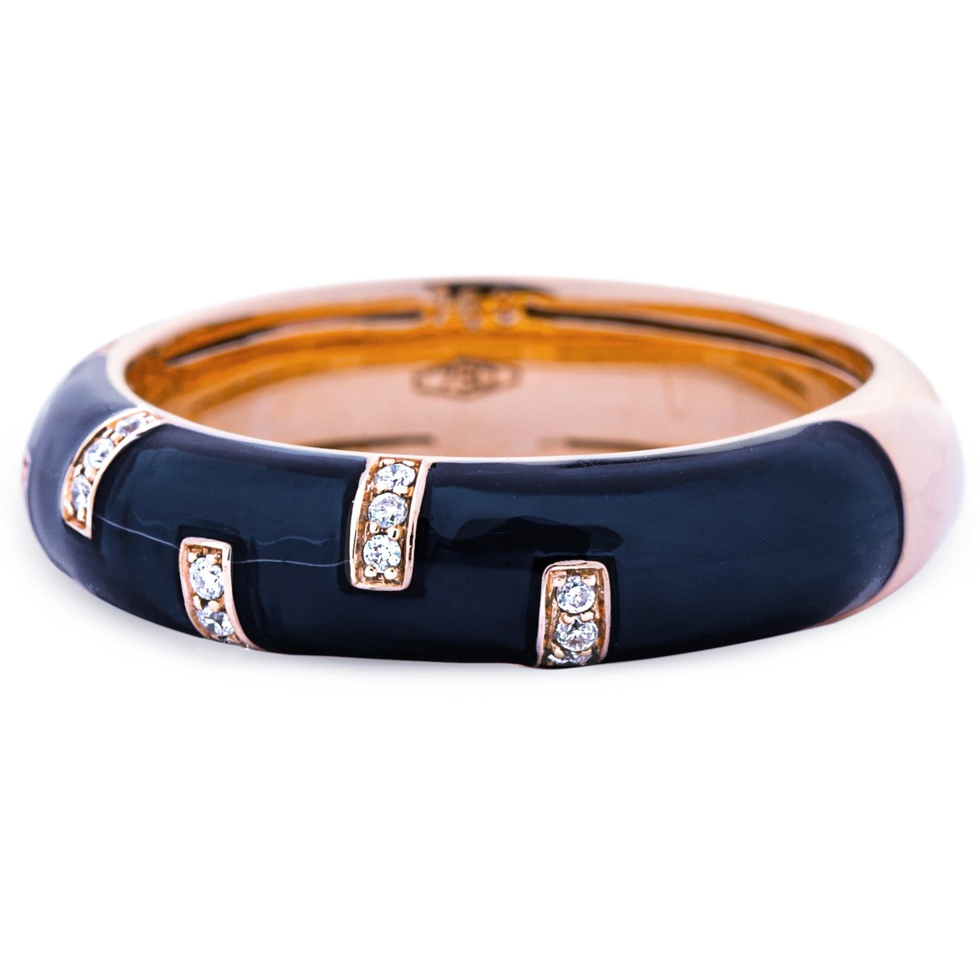 Brilliant Cut Alex Jona White Diamond Black Enamel 18 Karat Rose Gold Band Ring For Sale