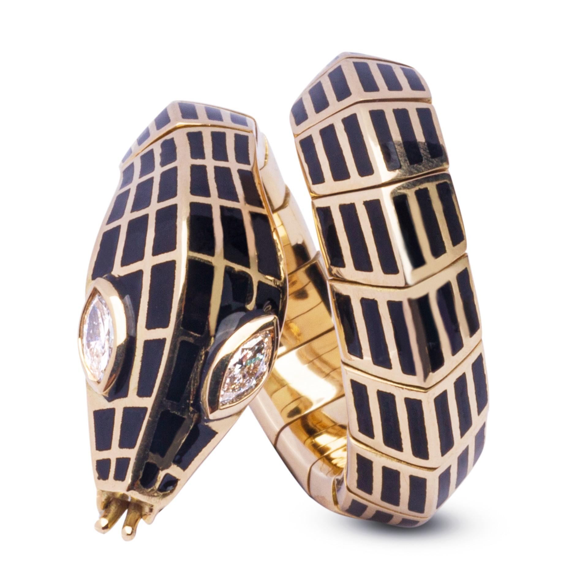 Marquise Cut Alex Jona White Diamond Black Enamel 18 Karat Yellow Gold Coil Snake Ring For Sale