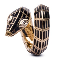 Alex Jona White Diamond Black Enamel 18 Karat Yellow Gold Coil Snake Ring