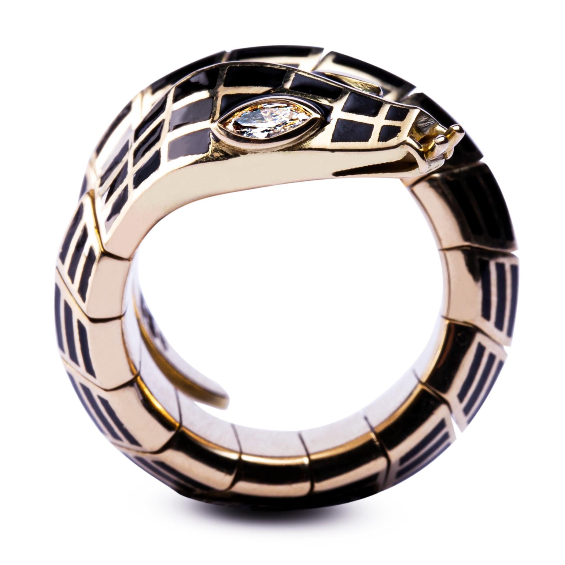 Women's Alex Jona White Diamond Black Enamel 18 Karat Yellow Gold Coil Snake Ring For Sale