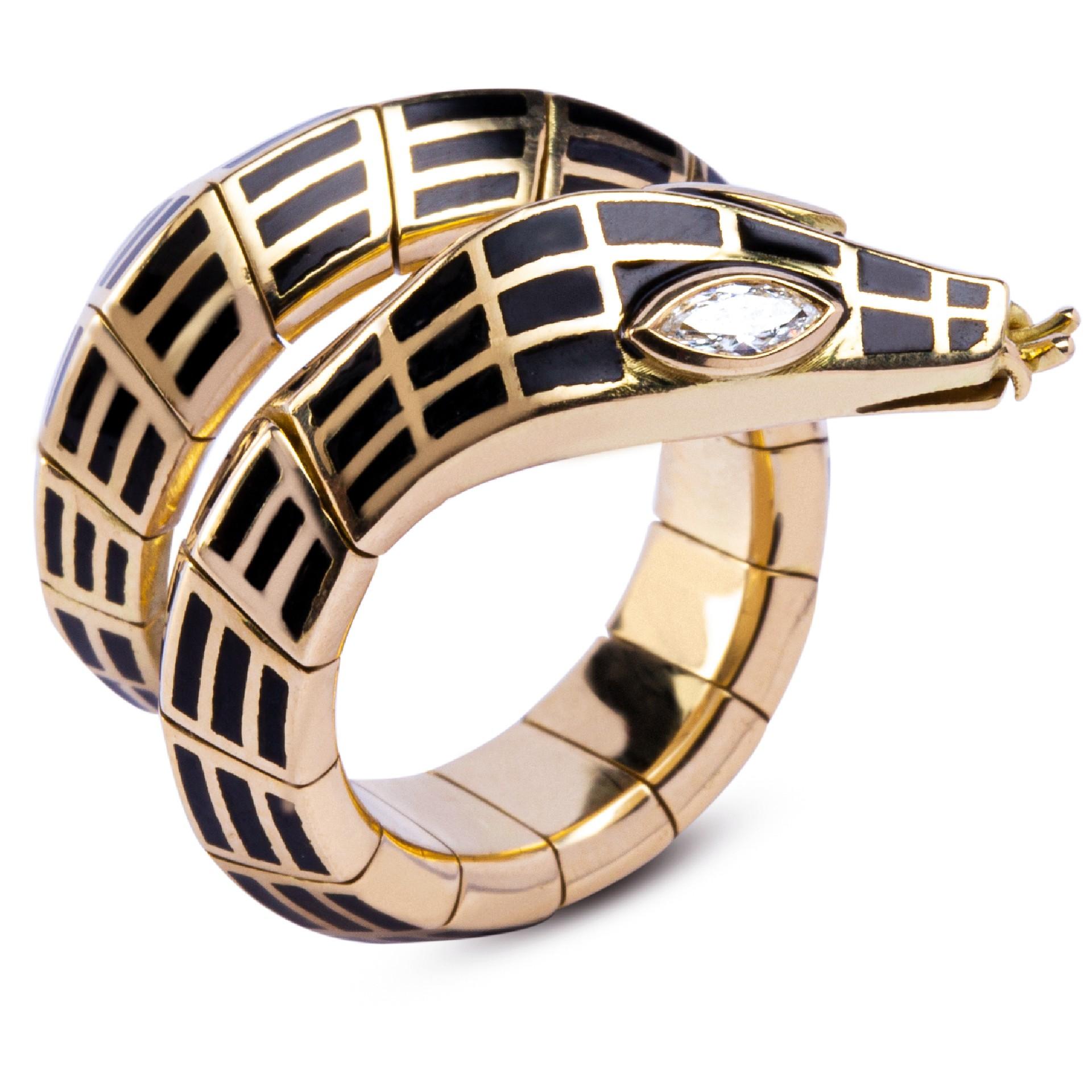 Alex Jona White Diamond Black Enamel 18 Karat Yellow Gold Coil Snake Ring For Sale