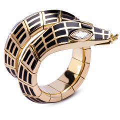 Alex Jona White Diamond Black Enamel 18 Karat Yellow Gold Coil Snake Ring