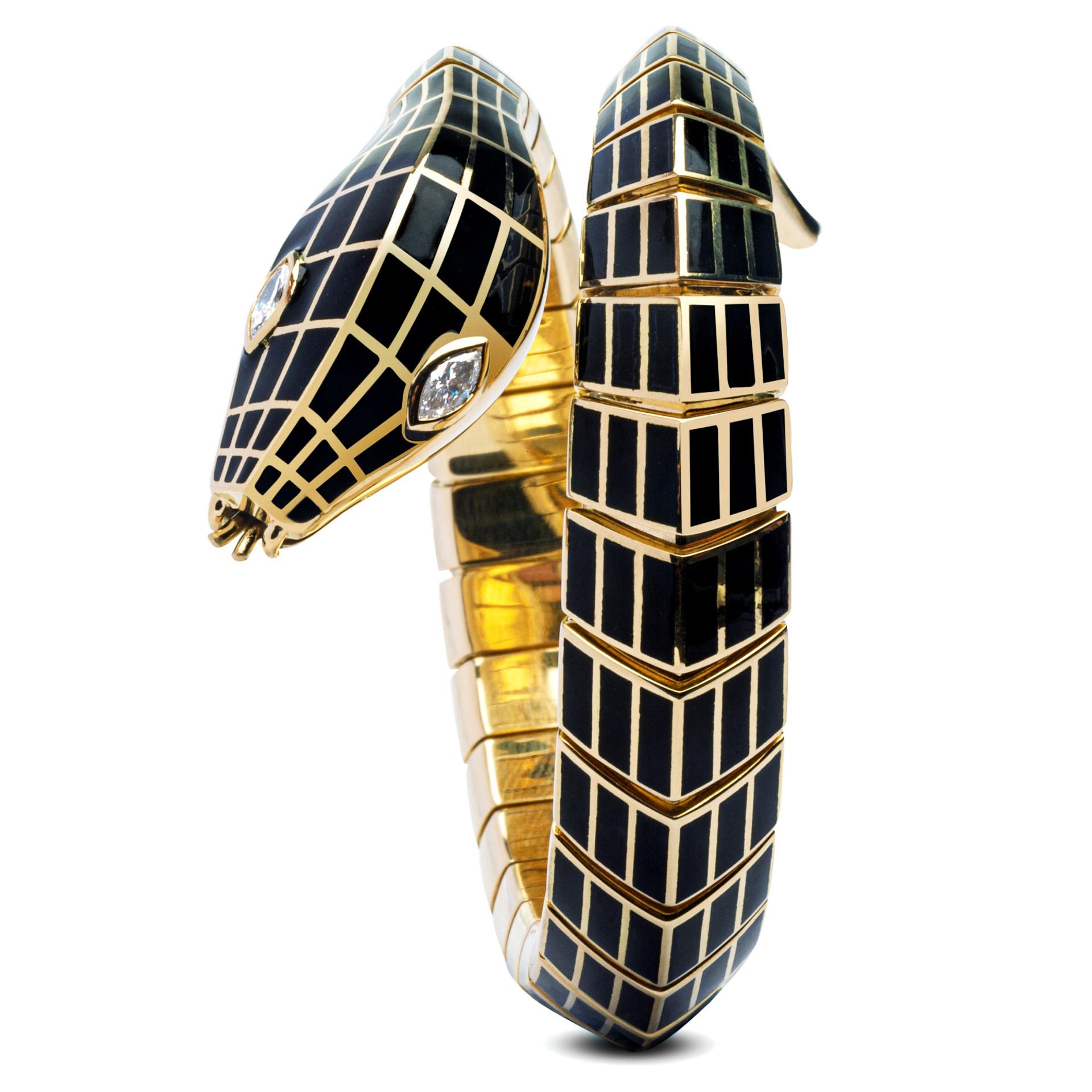 Flexibles Schlangenarmband aus Gold mit weißem Diamant und schwarzer Emaille (Zeitgenössisch) im Angebot