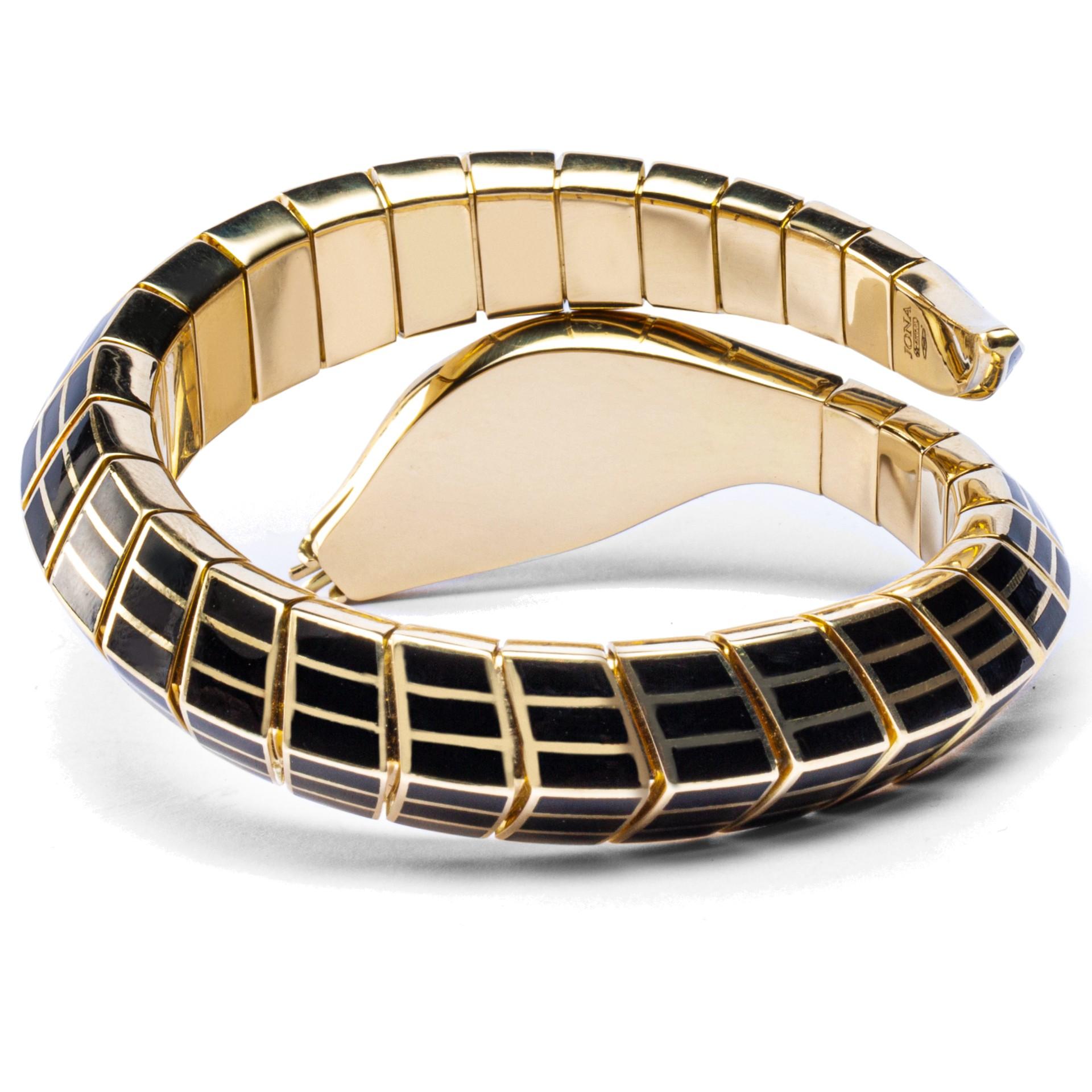 Alex Jona White Diamond Black Enamel Gold Flexible Snake Bracelet For Sale 2