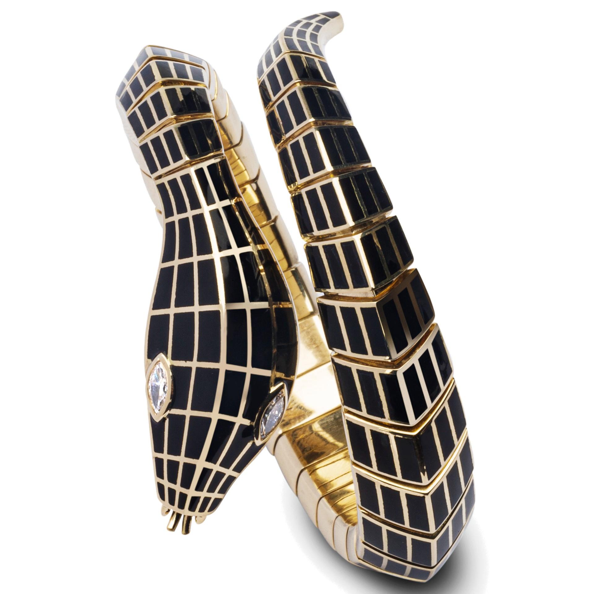 Flexibles Schlangenarmband aus Gold mit weißem Diamant und schwarzer Emaille im Zustand „Neu“ im Angebot in Torino, IT