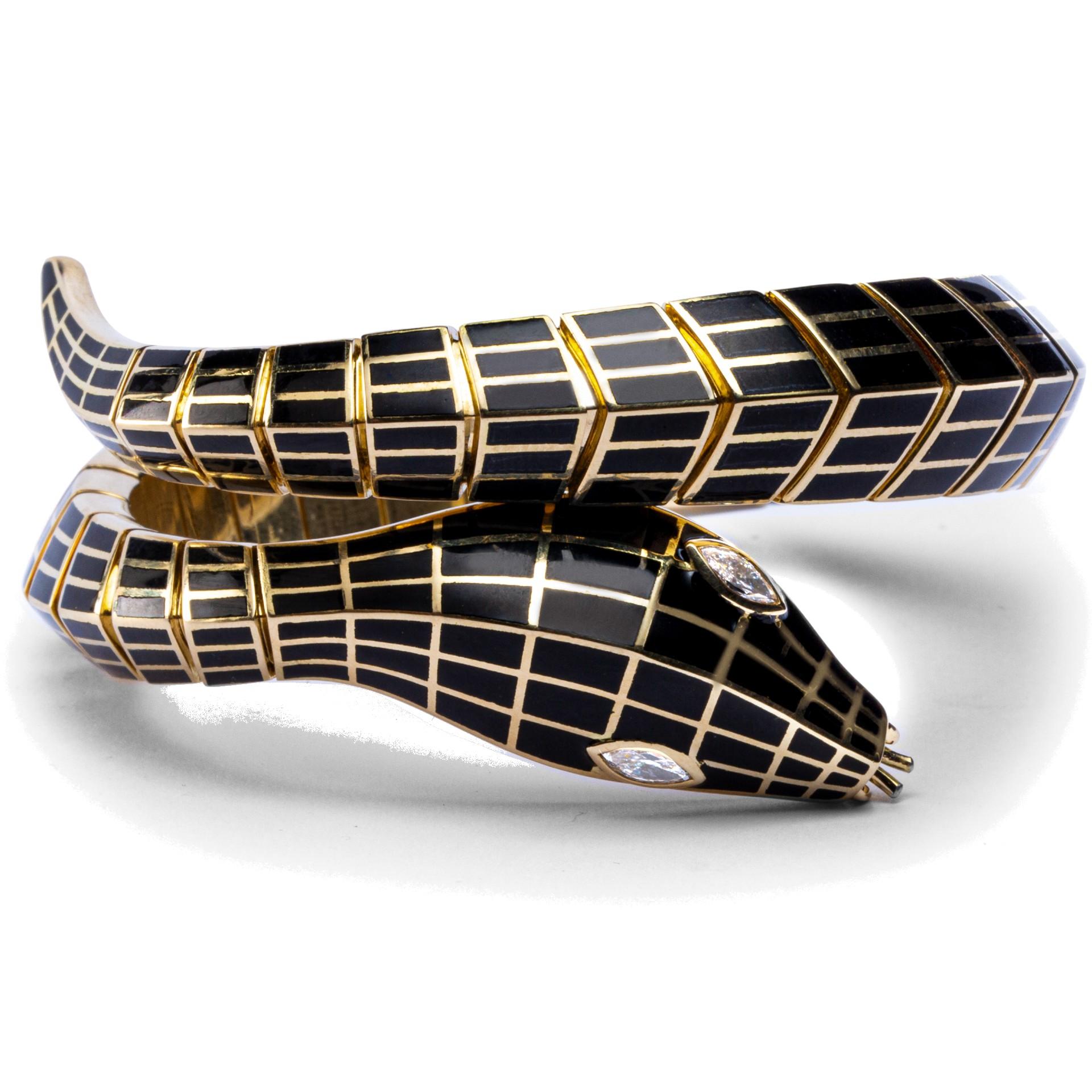 Marquise Cut Alex Jona White Diamond Black Enamel Gold Flexible Snake Bracelet For Sale