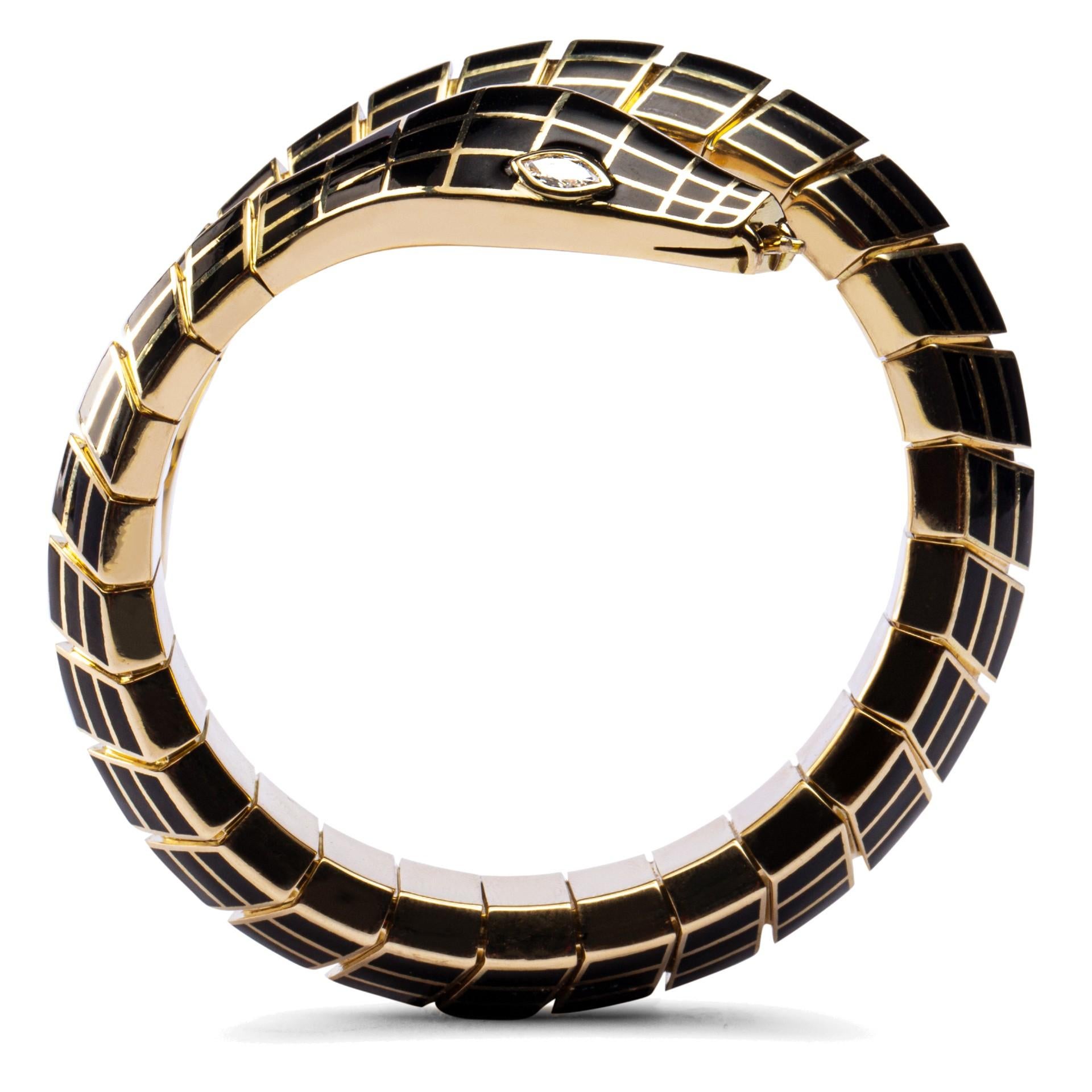 Women's Alex Jona White Diamond Black Enamel Gold Flexible Snake Bracelet For Sale