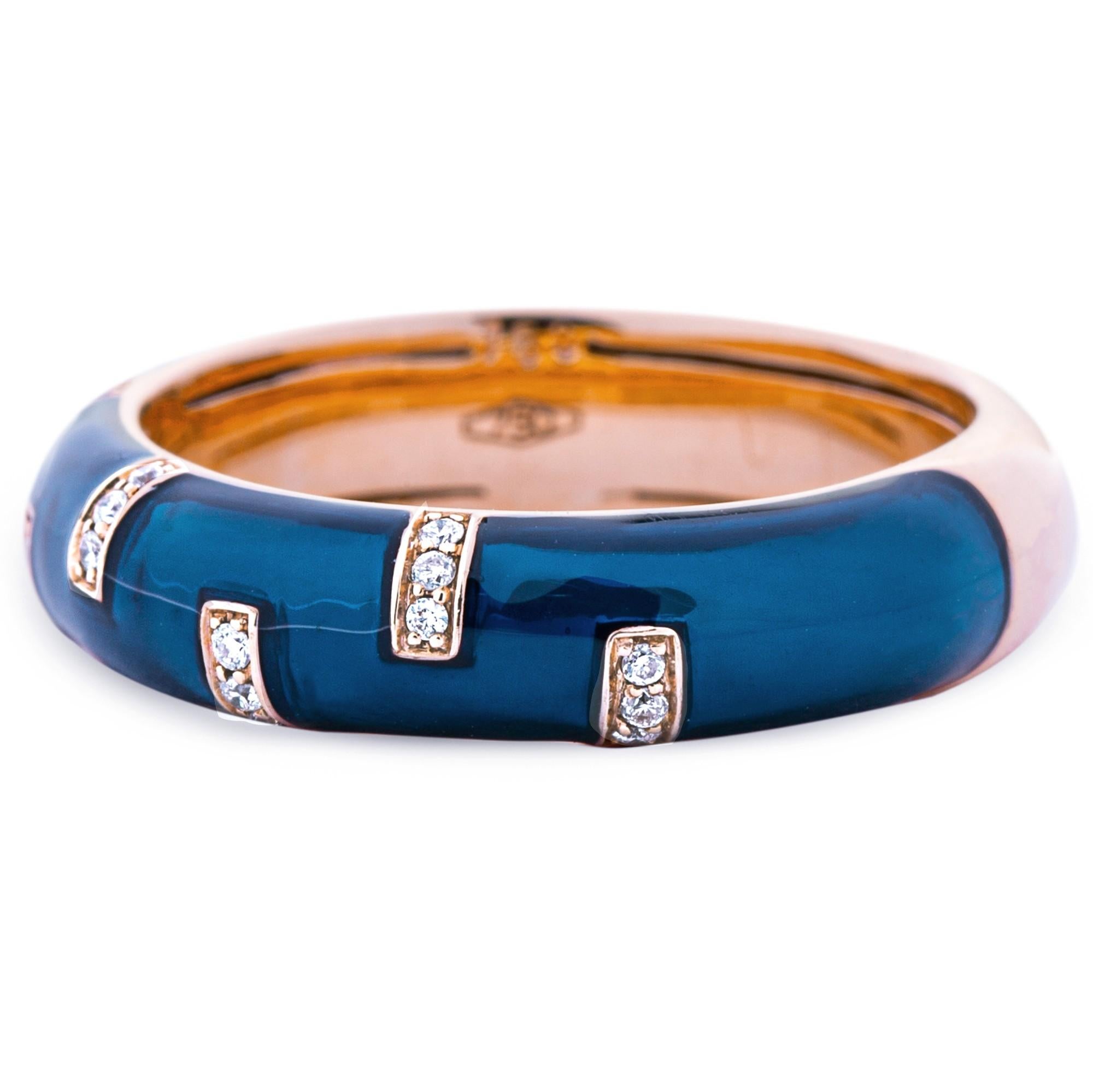 Brilliant Cut Alex Jona White Diamond Blue Enamel 18 Karat Rose Gold Band Ring For Sale