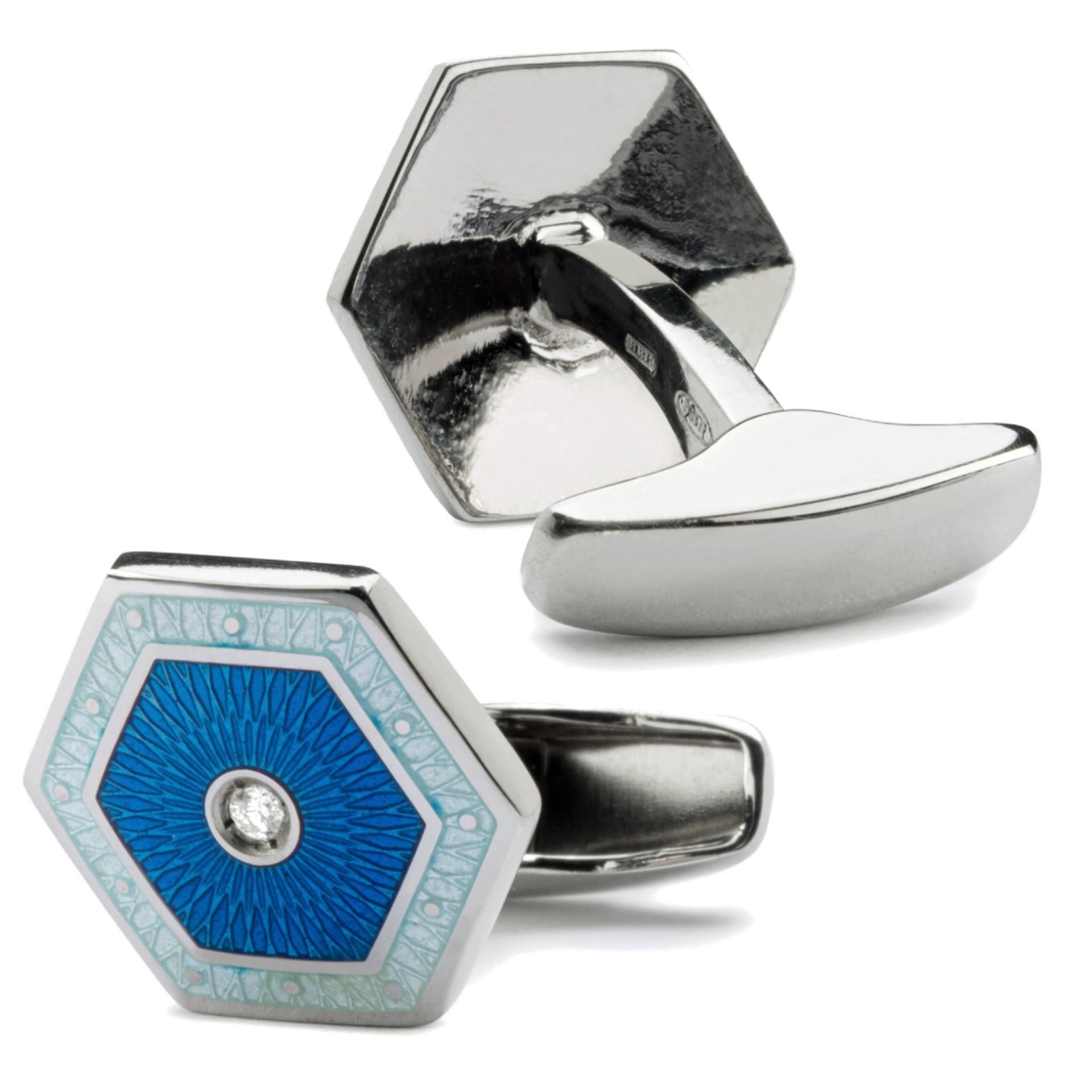 Round Cut Alex Jona White Diamond Blue Enamel Sterling Silver Cufflinks For Sale