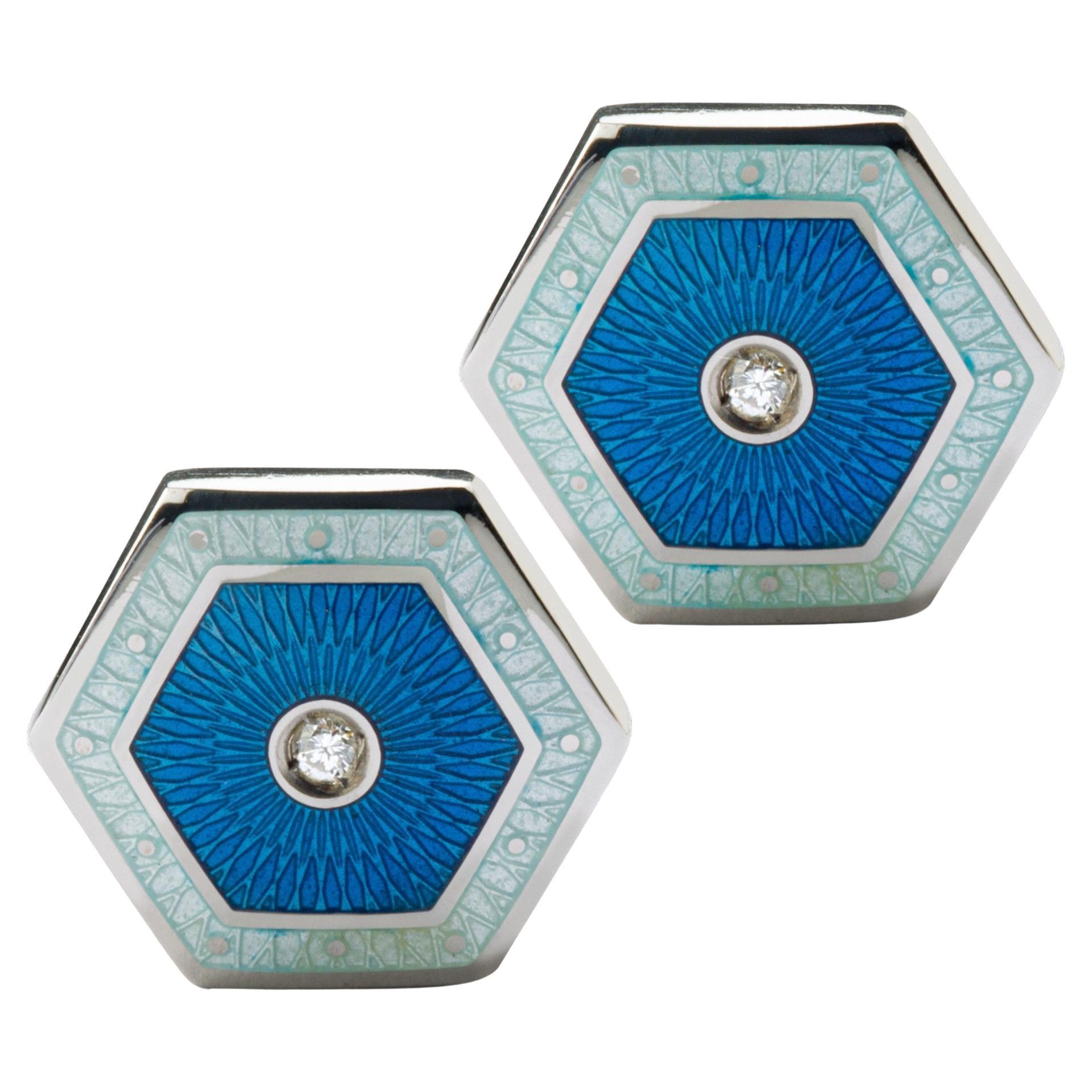 Alex Jona White Diamond Blue Enamel Sterling Silver Cufflinks