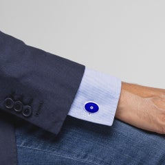 Alex Jona White Diamond Blue Fire Enamel Sterling Silver Round Cufflinks