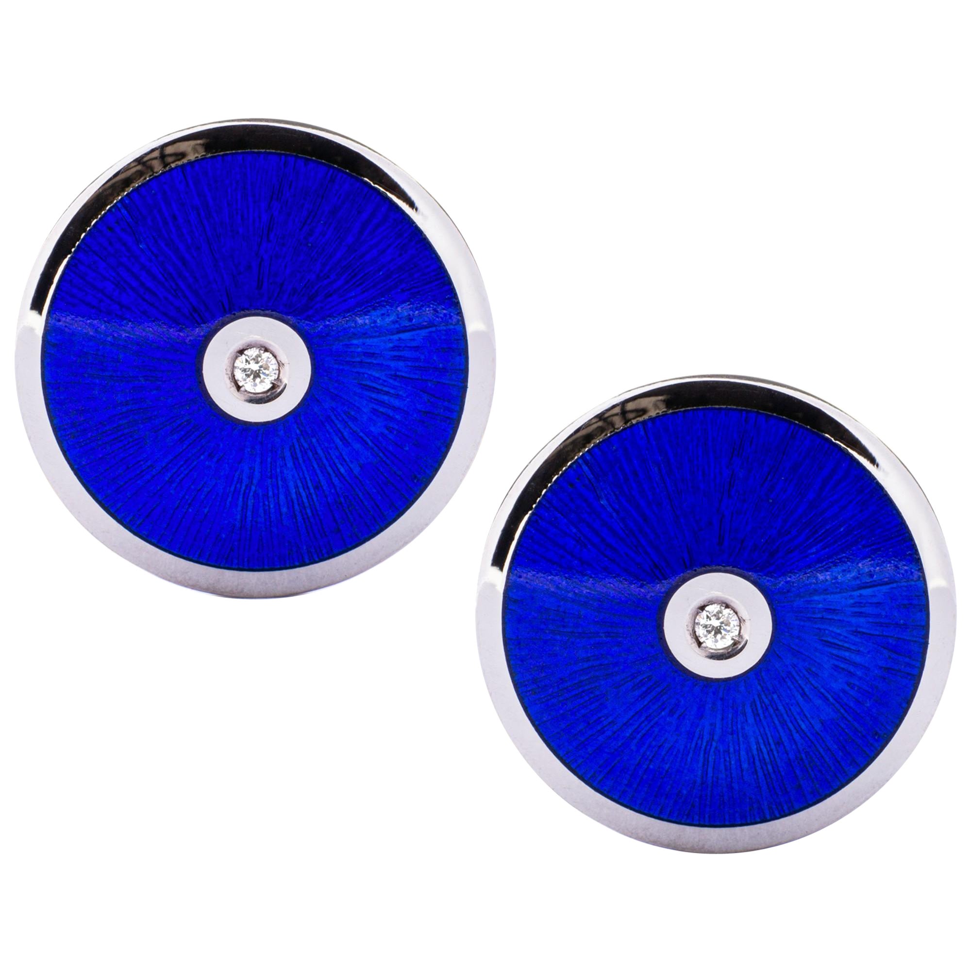 Gemelos redondos de plata de ley con esmalte al fuego azul y diamante blanco Alex Jona