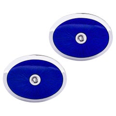 Alex Jona White Diamond Blue Fire Enamel Sterling Silver Round Cufflinks