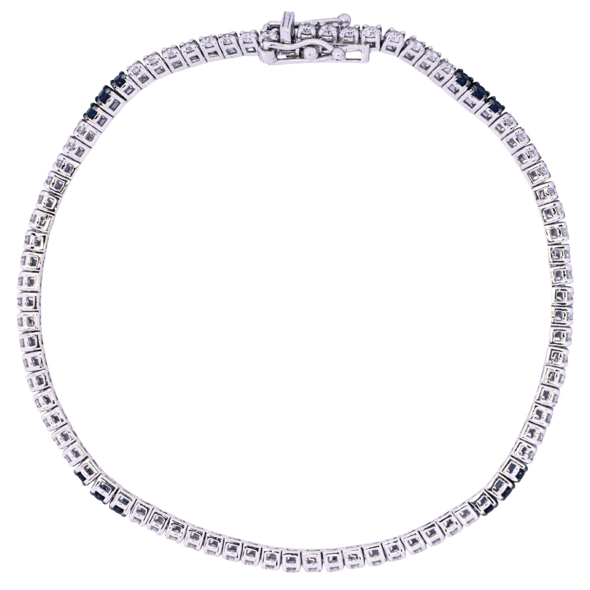 Round Cut  Alex Jona White Diamond & Blue Sapphire 18 Karat White Gold Tennis Bracelet For Sale