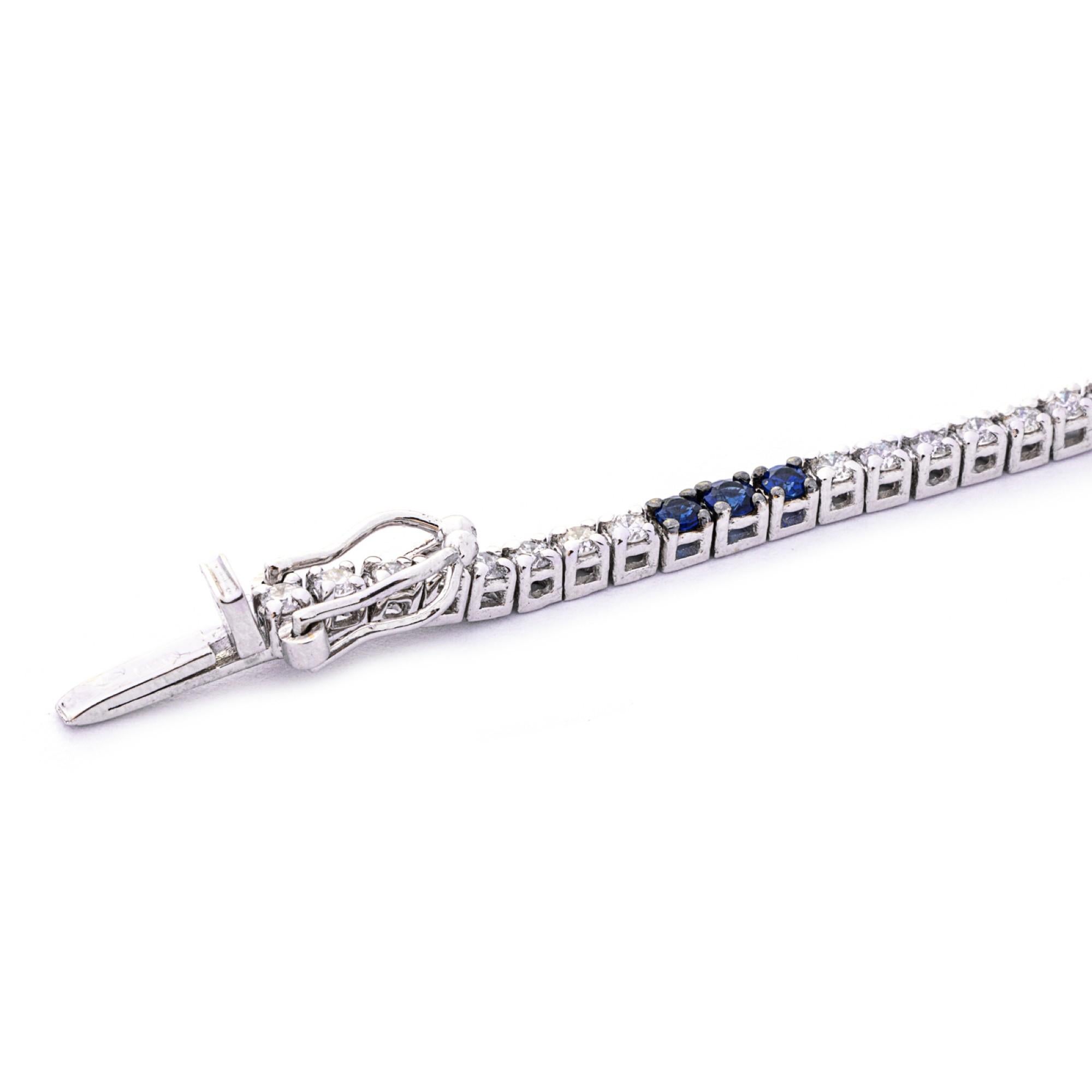  Alex Jona White Diamond & Blue Sapphire 18 Karat White Gold Tennis Bracelet For Sale 3