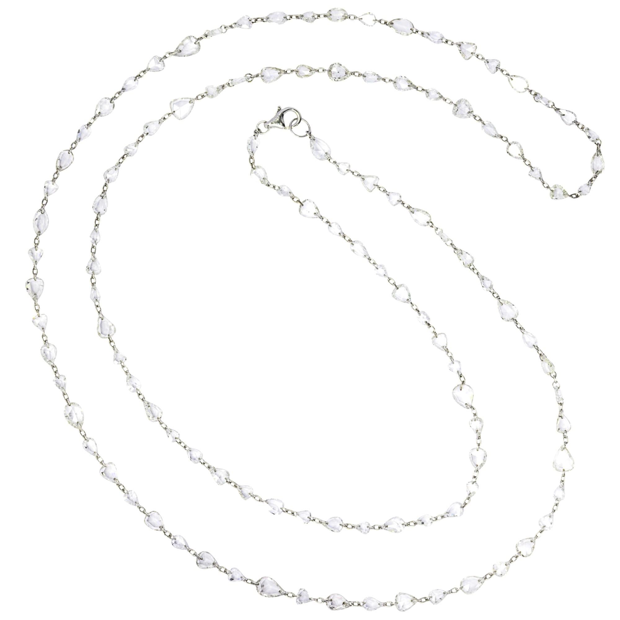 Oval Cut White Diamond Drop 18 Karat White Gold Thin Long Necklace For Sale