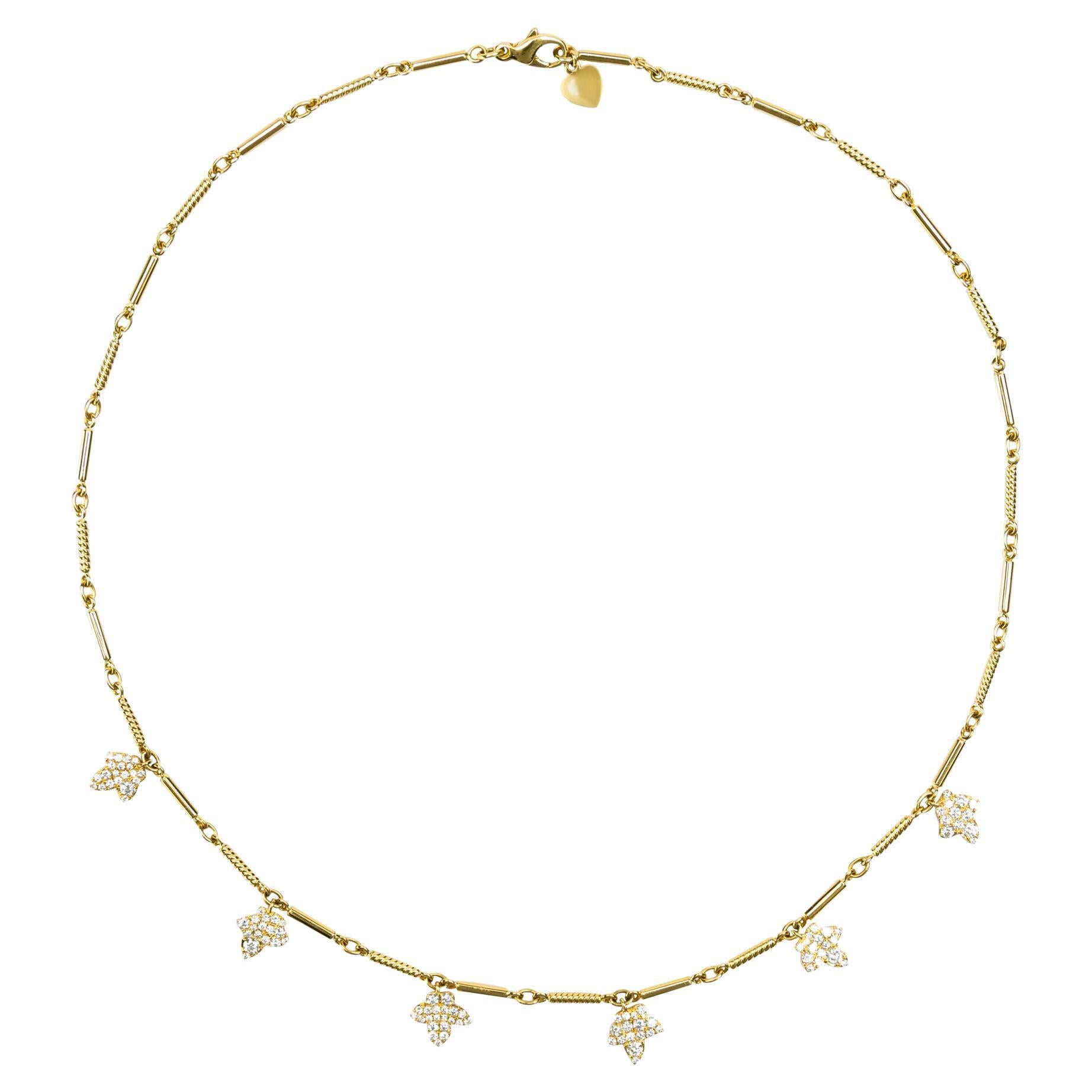 White Diamond Ivy Charm Yellow Gold Necklace For Sale