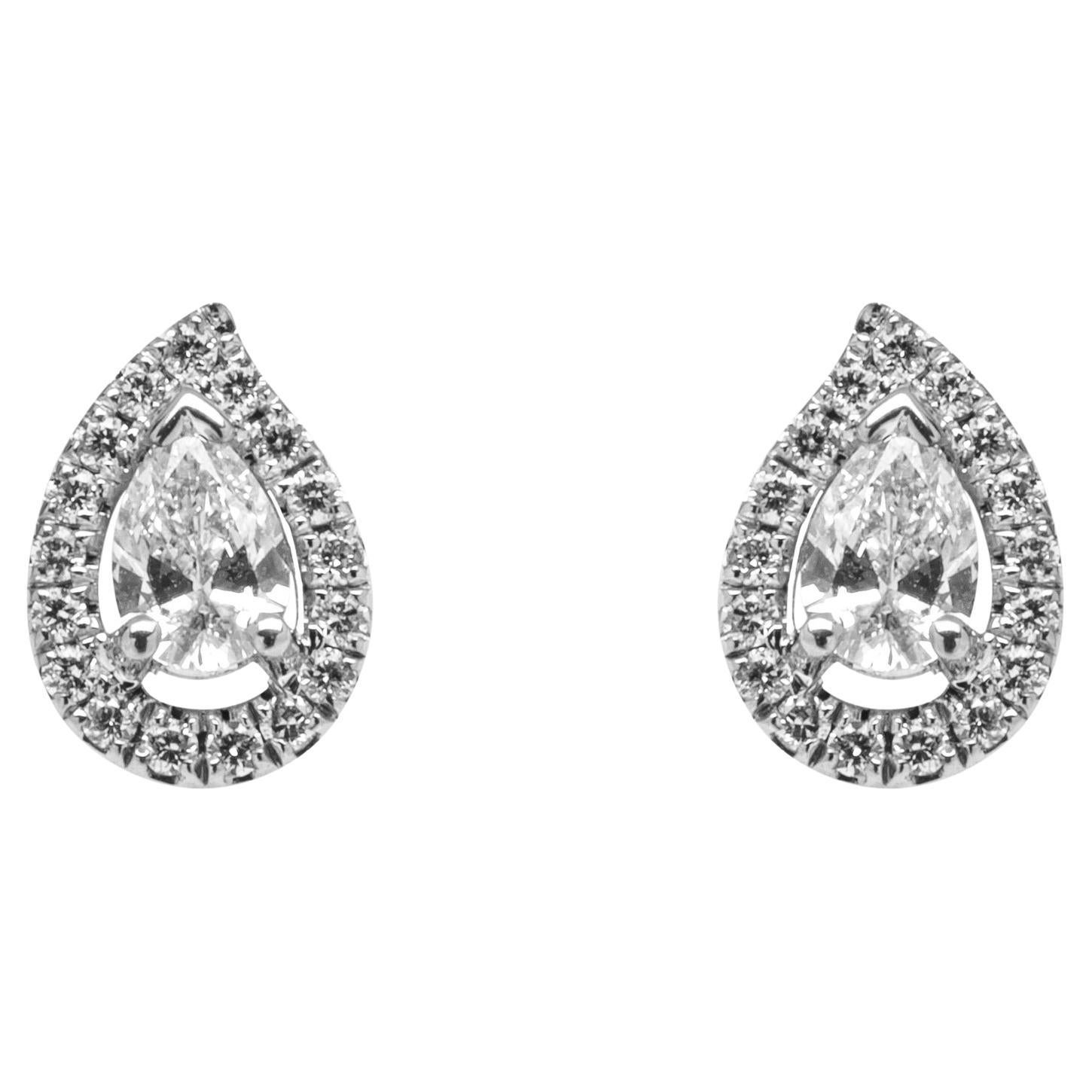 Alex Jona White Diamond Paisley Halo 18 Karat White Gold Stud Earrings For Sale