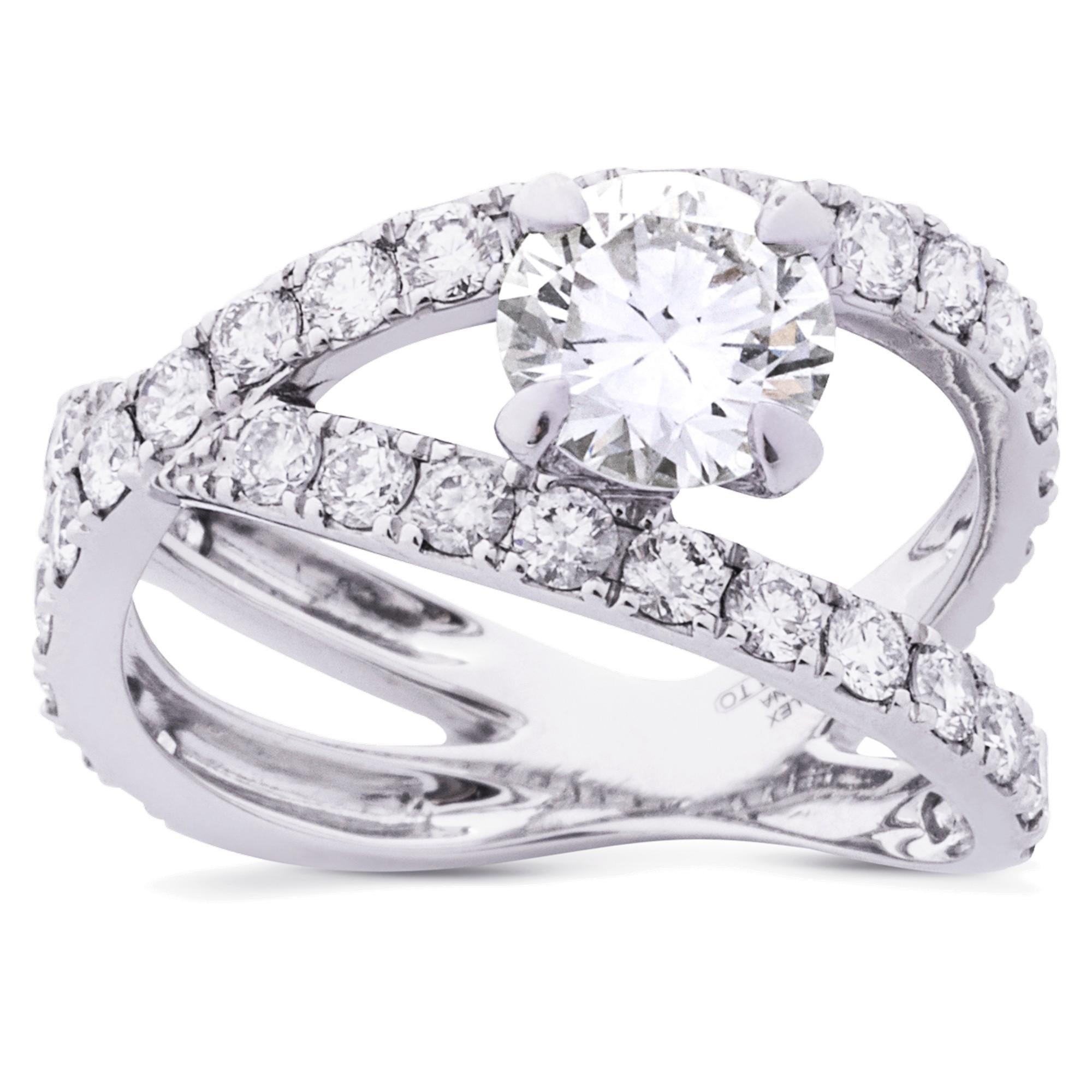Round Cut Alex Jona White Diamond Platinum Crossover Ring For Sale