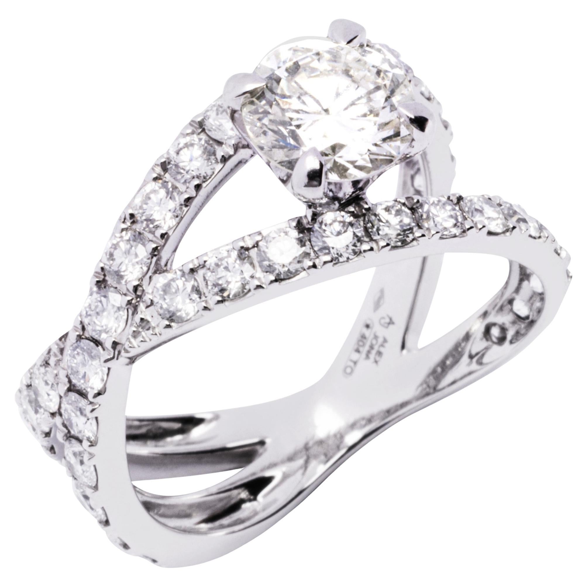 Alex Jona White Diamond Platinum Crossover Ring For Sale