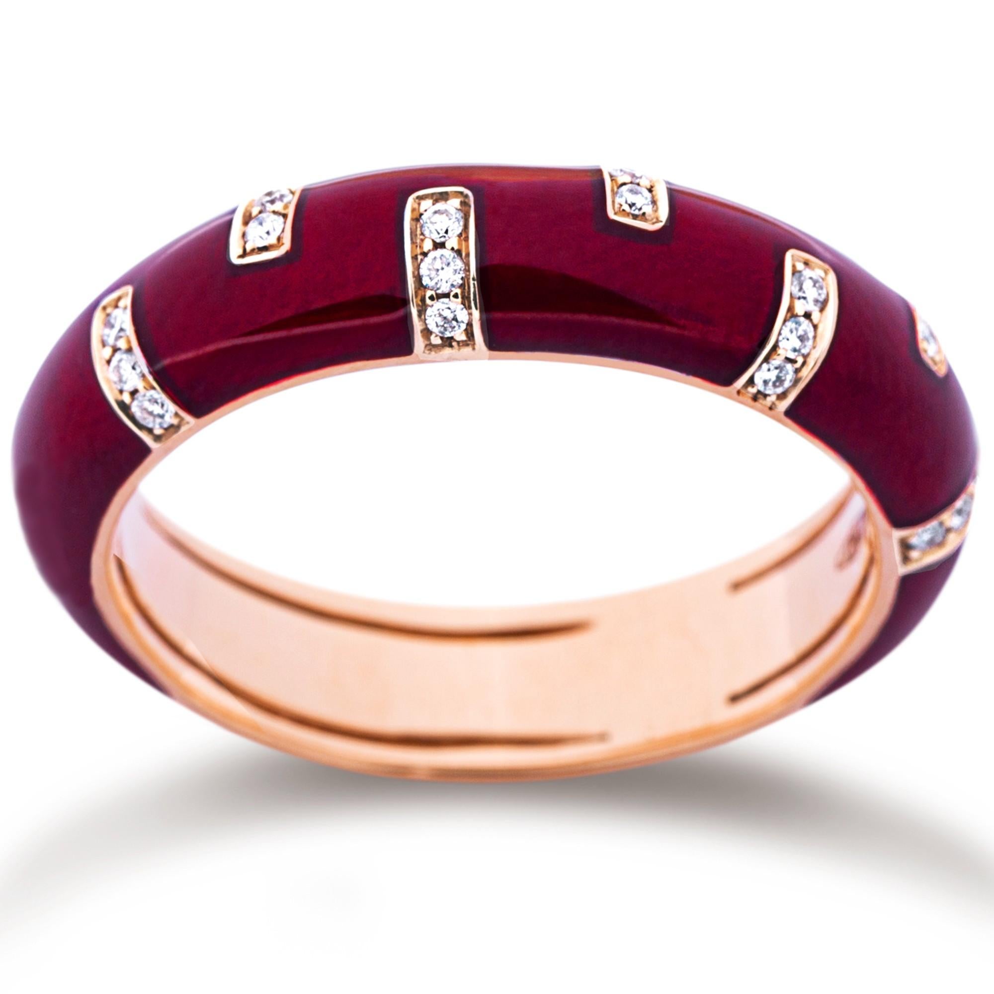 Alex Jona design collection, hand crafted in Italy, 18 Karat rose gold ring band set with white diamonds total carat 0.09 and red enamel.

Alex Jona jewels stand out, not only for their special design and for the excellent quality of the gemstones,