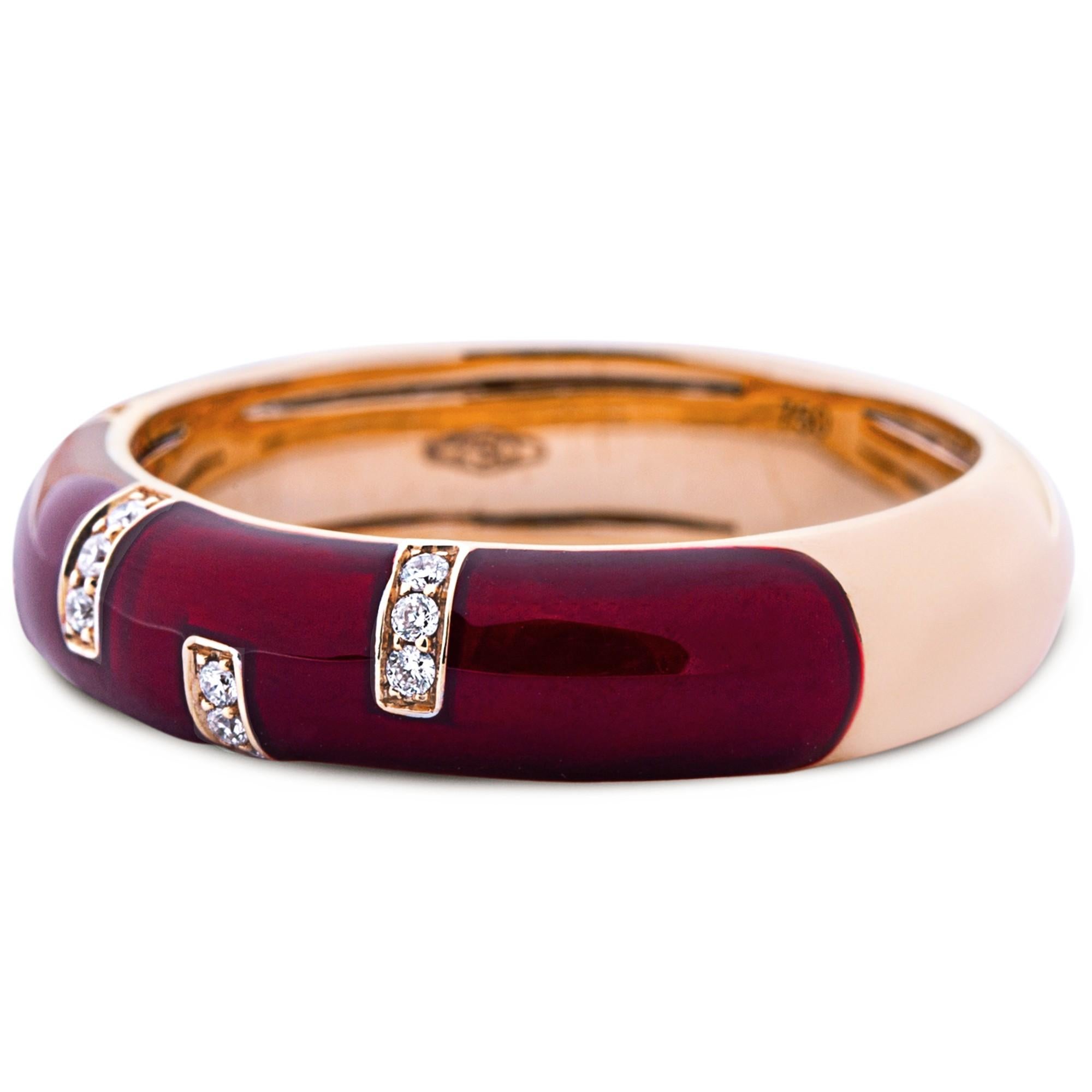 Brilliant Cut Alex Jona White Diamond Red Enamel 18 Karat Rose Gold Band Ring For Sale